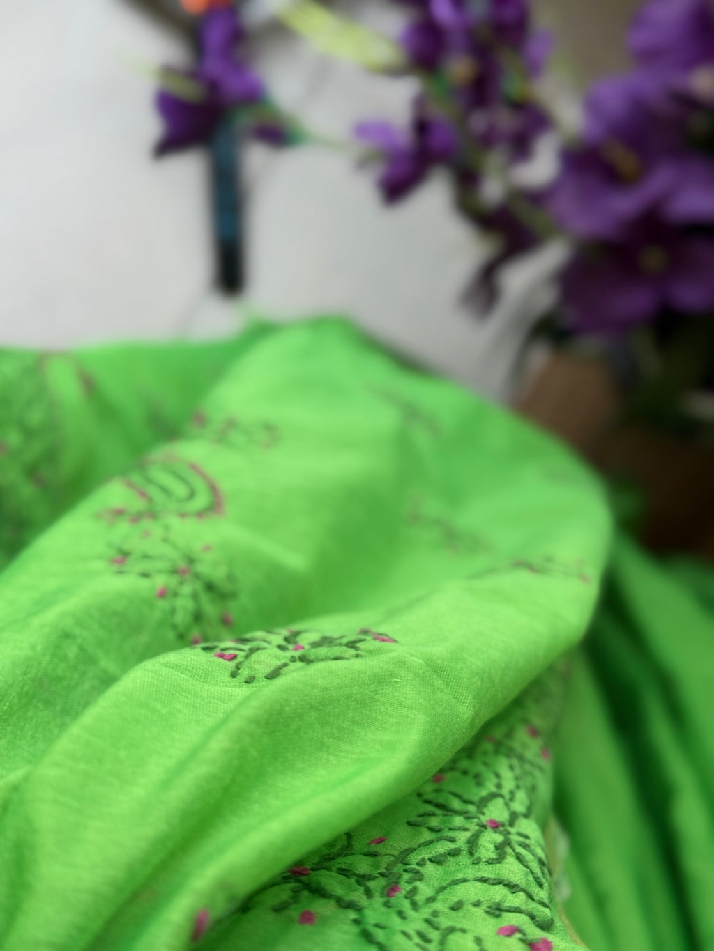 Green Hand Embroidered Chikanakri Saree| Mul Chanderi Fabric| With embroidered blouse