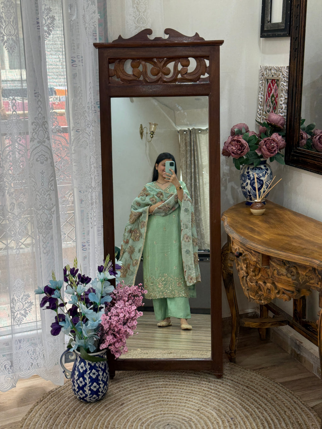 Pista Green Suit set | With cotton lining| Hand Embroidered Kurta| Embroidered Organza Duppata | Crepe