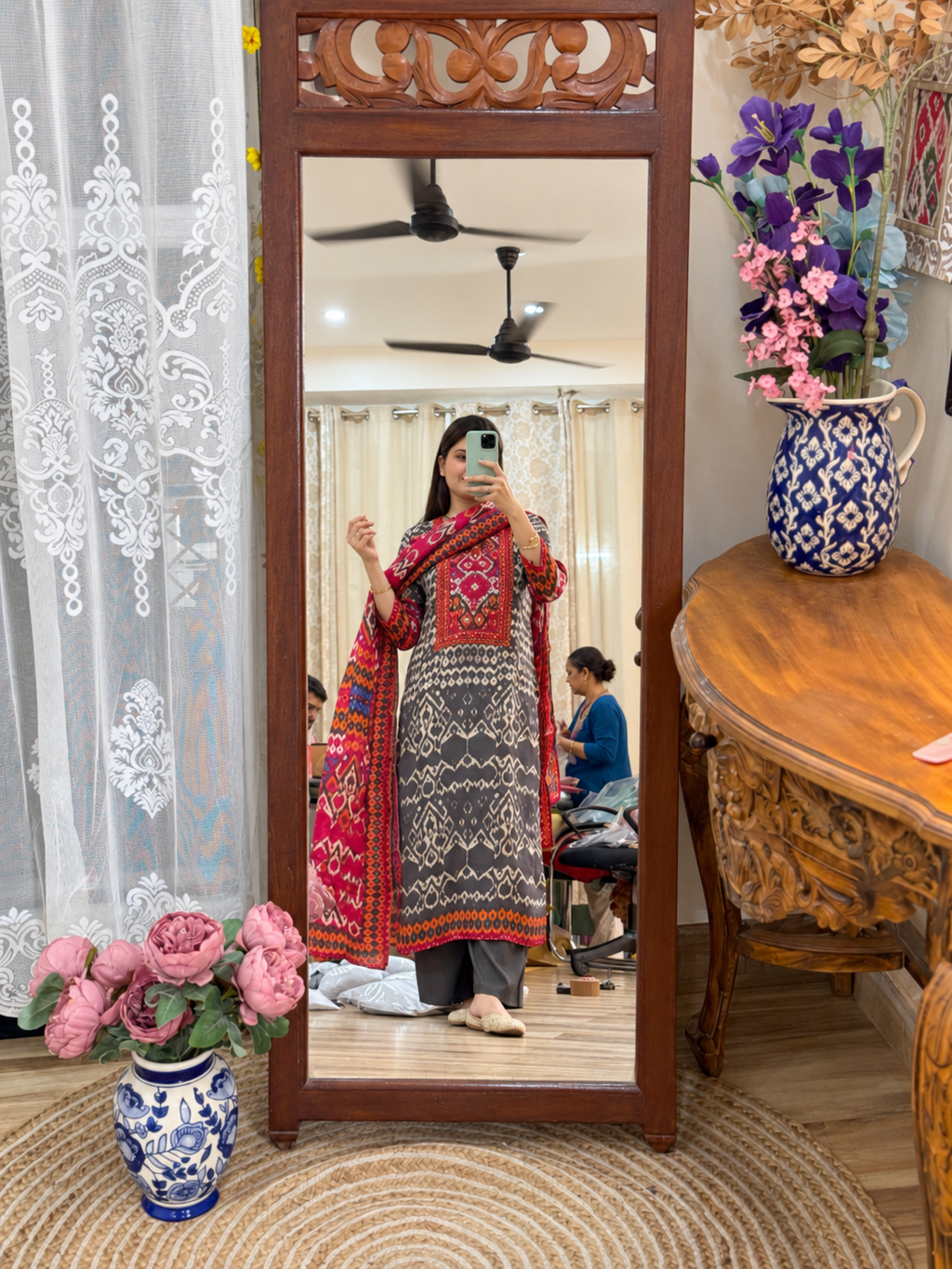 Ikat Print Muslin Suit| Cotton lining| Hand Embroidered| Comfy Partywear Suit