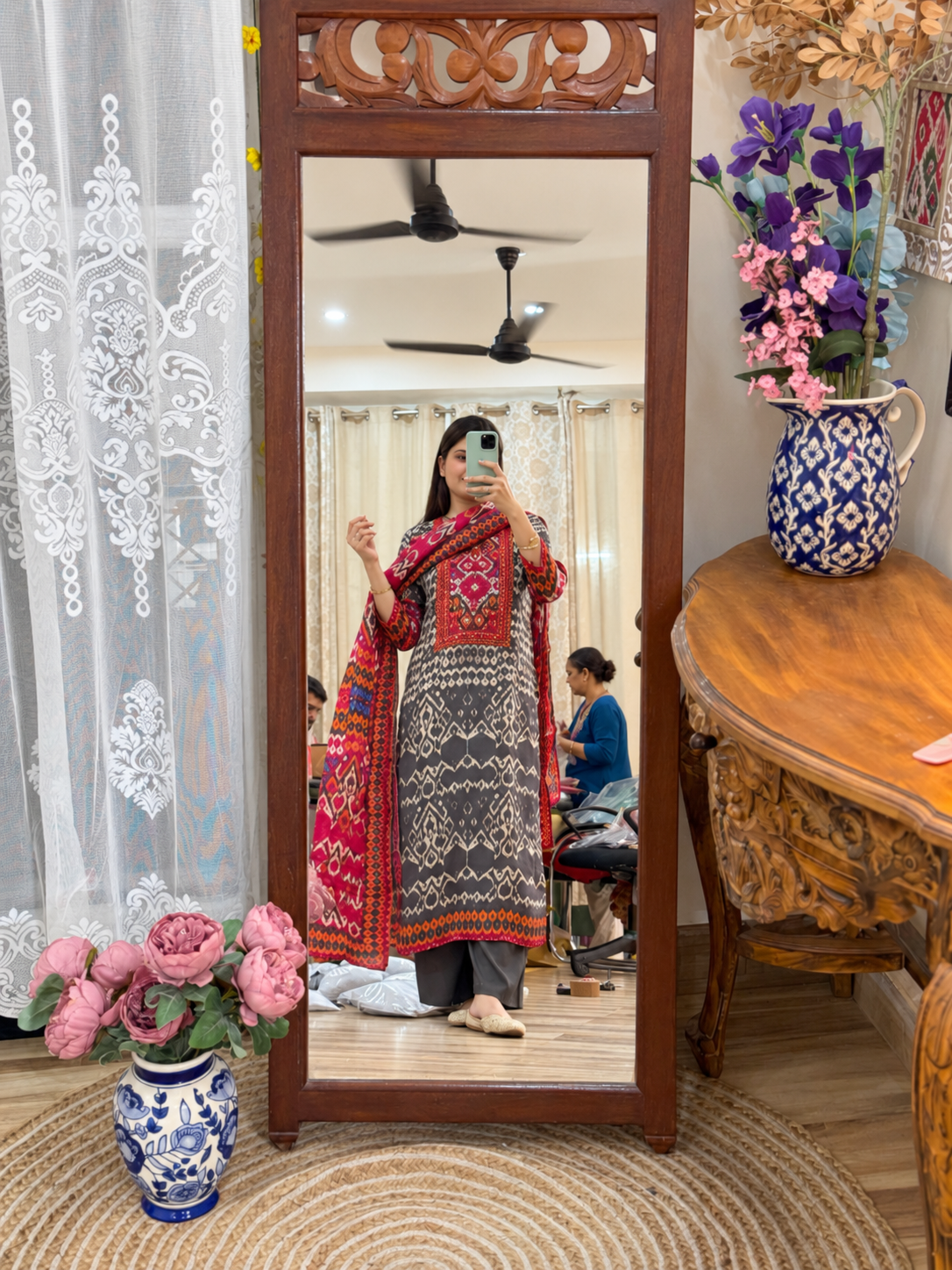 Ikat Print Muslin Suit| Cotton lining| Hand Embroidered| Comfy Partywear Suit