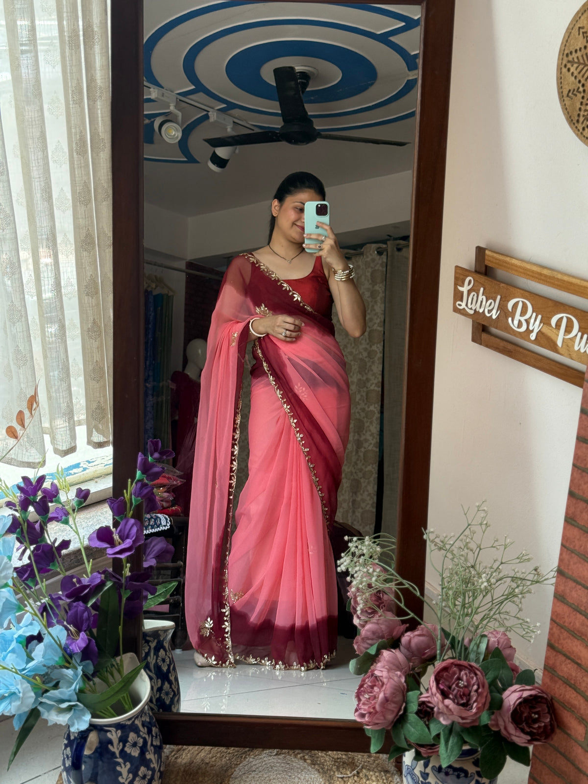 Dual tone Pure Georgette Saree| Handwork cutdana detailing| With blouse