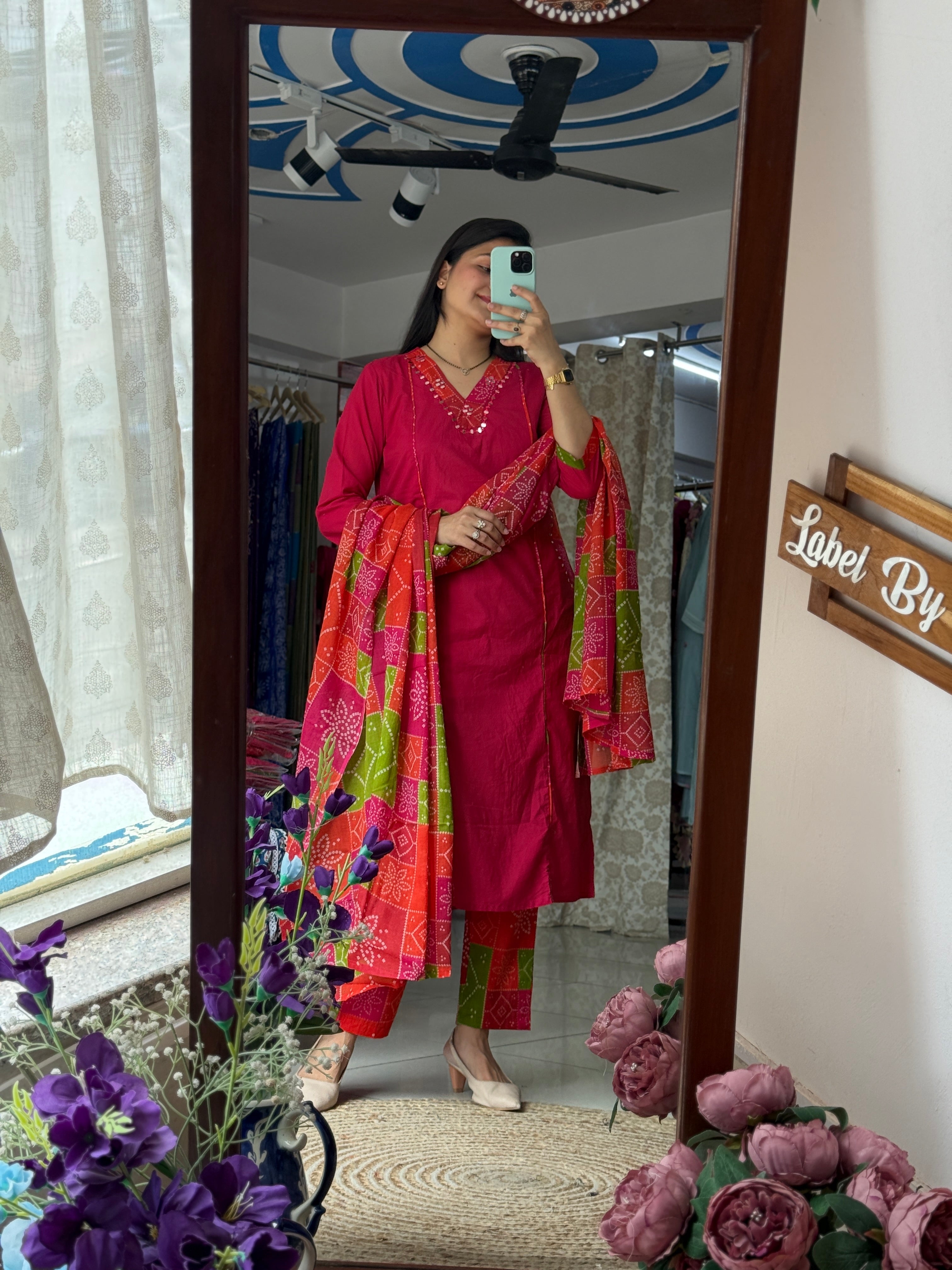 Pink Bandhej| Dual tone | Beautiful Suit Set | Cotton| With pocket in kurta & Bottom