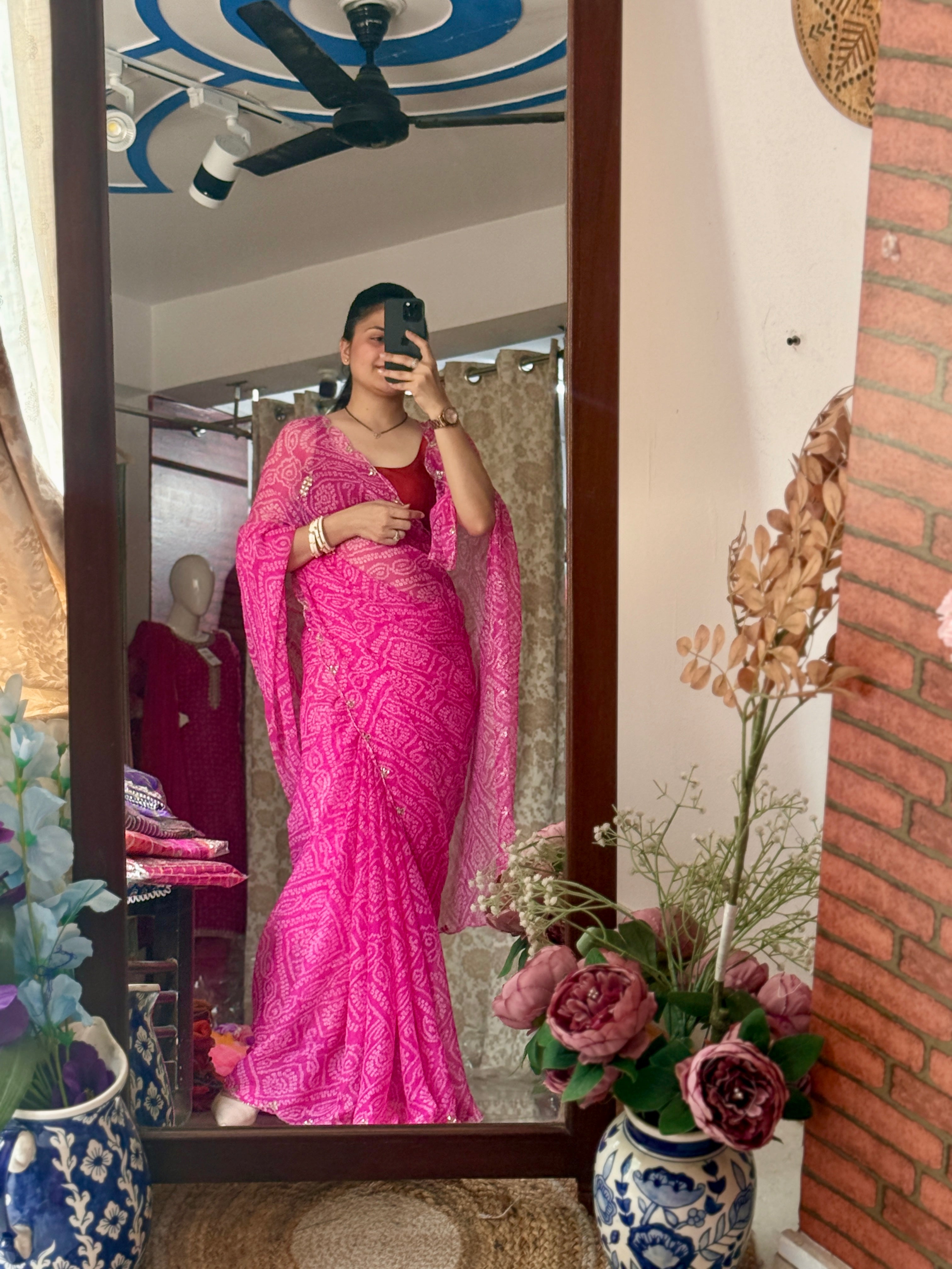 Pink bandhej |Pure Georgette Digital Printed Saree| Handwork cutdana detailing| Without blouse
