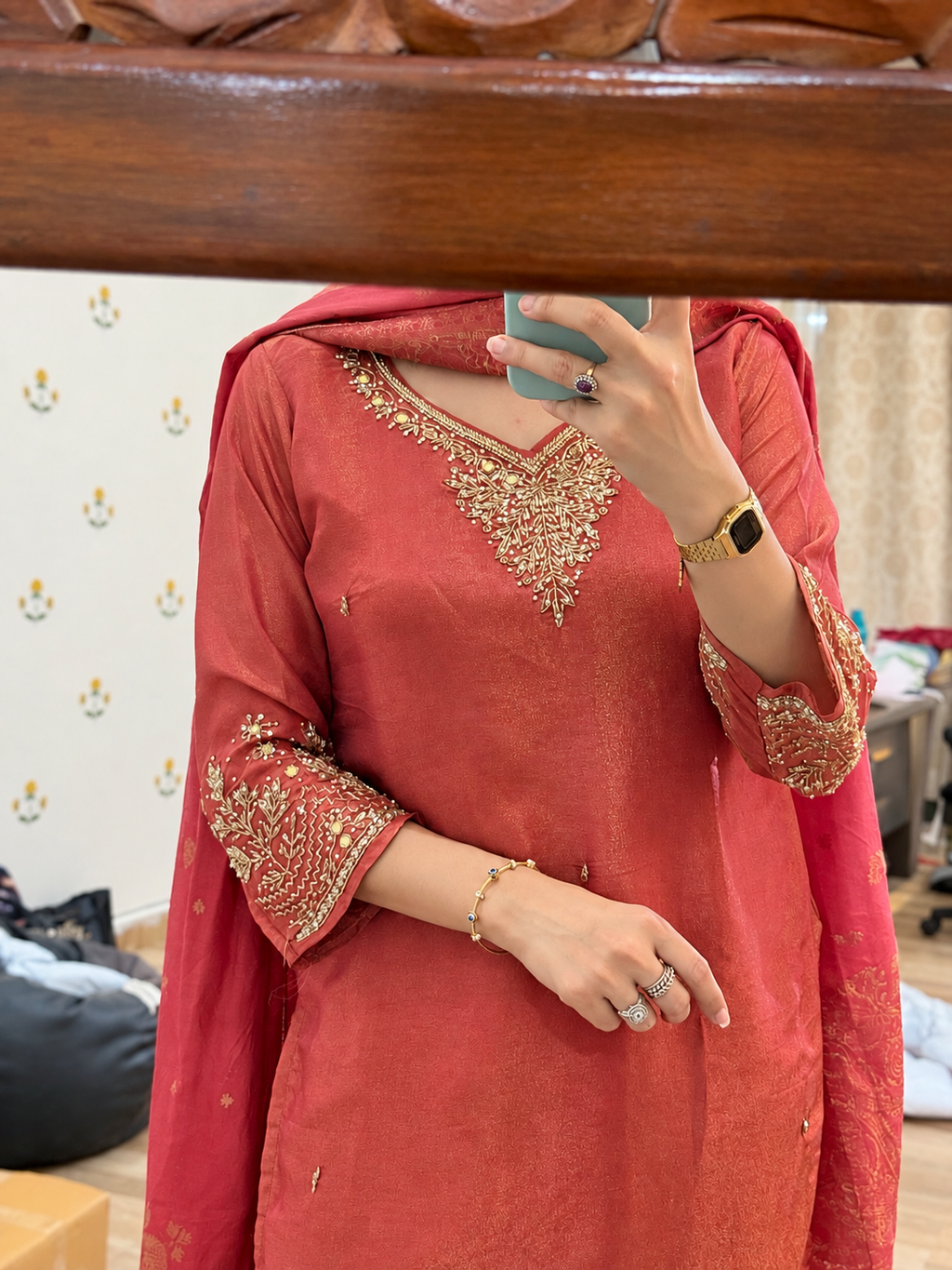 Hand Embroidered Tissue Shimmer Suit| Designer Sleeves | Lining| Soft Banarasi Duppata