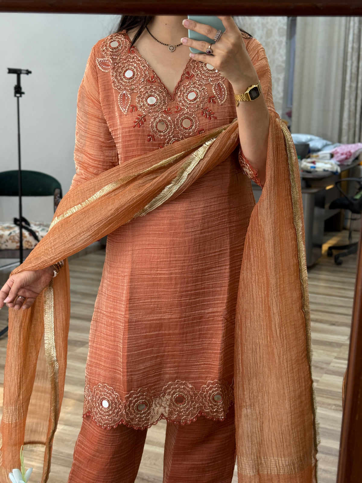Orange Crushed Tissue Suit Set| Hand Embroidered |With lining in top & bottom| Beautiful Duppata