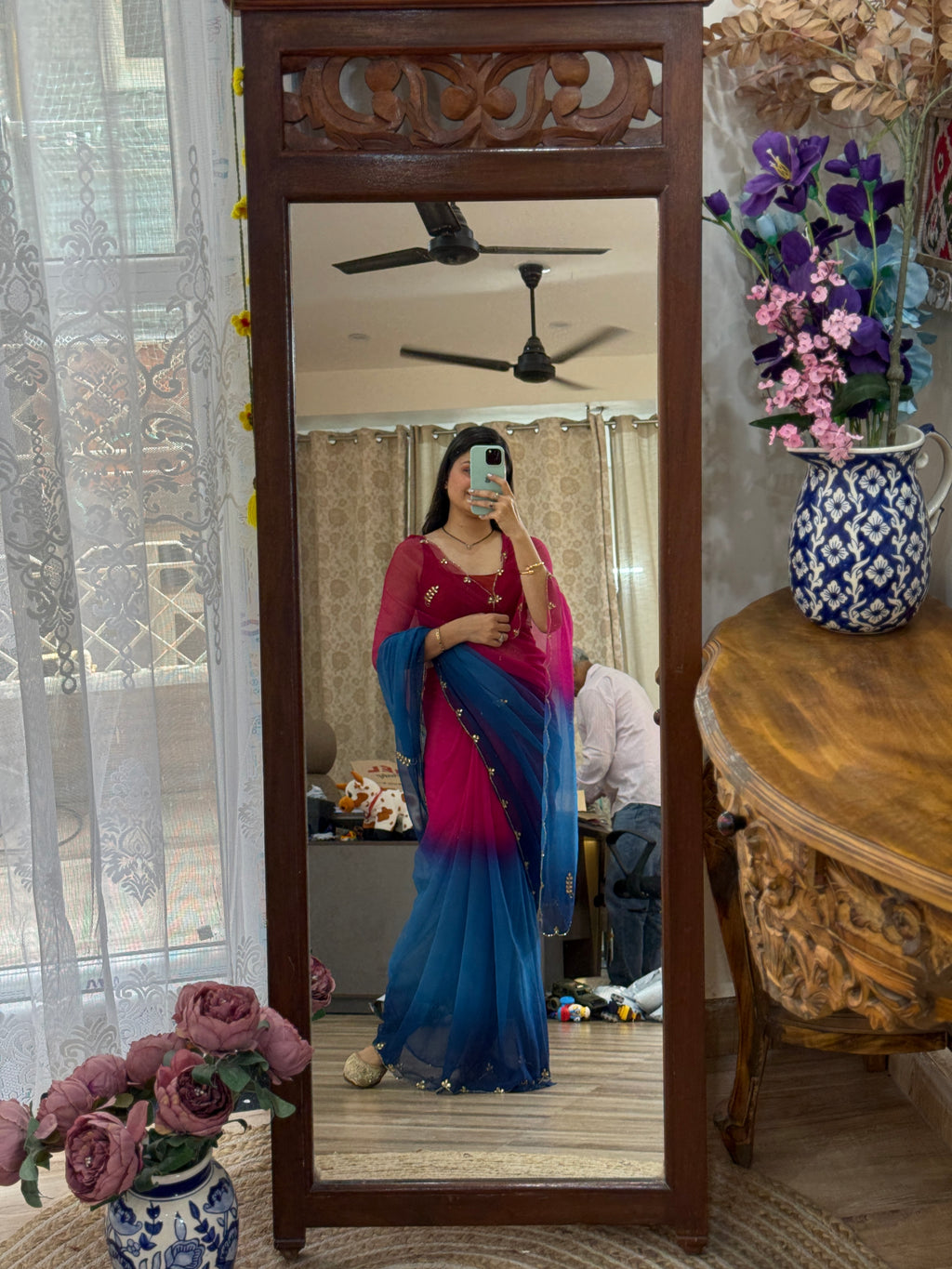 Blue Wine Dual tone cutdana Embroidered| Georgette Sarees| With Blouse