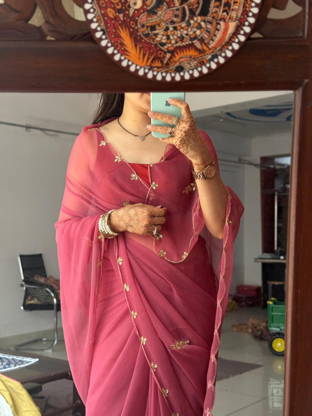 Mauve Pure Georgette Saree| Handwork cutdana detailing| With blouse