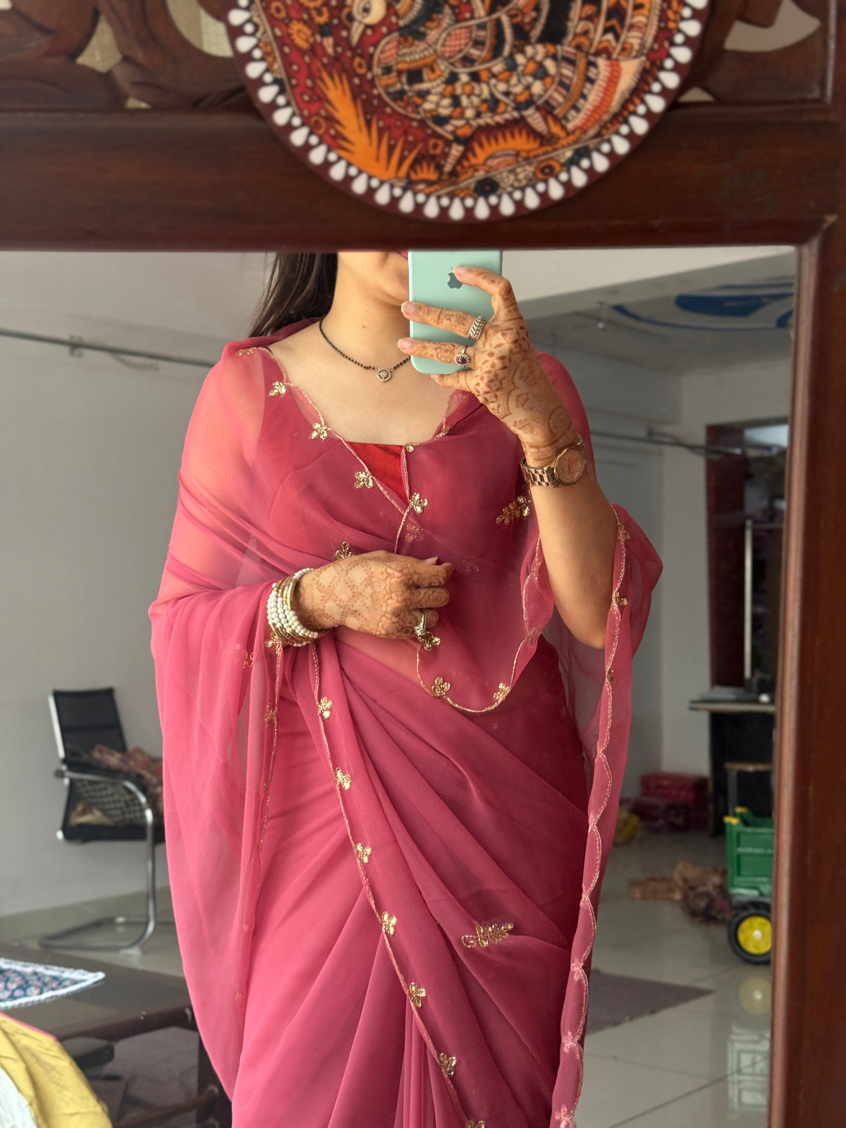 Mauve Pure Georgette Saree| Handwork cutdana detailing| With blouse