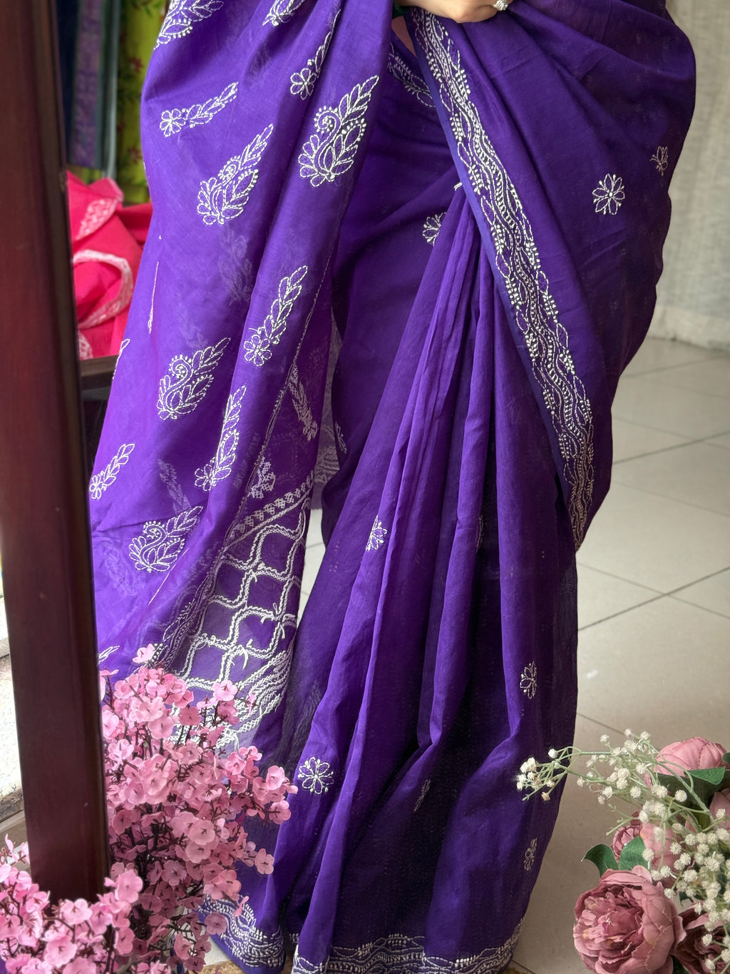 Purple Hand Embroidered Chikanakri Saree| Mul Chanderi Fabric| With embroidered blouse