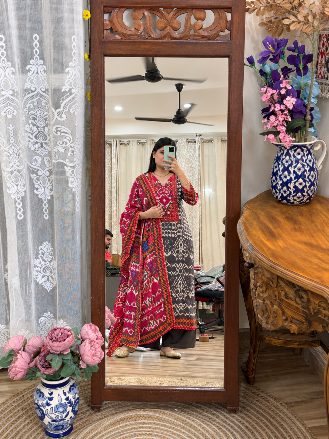 Ikat Print Muslin Suit| Cotton lining| Hand Embroidered| Comfy Partywear Suit