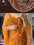 Mustard Yellow |Pure Georgette Digital Printed Saree| Handwork cutdana detailing| Without blouse