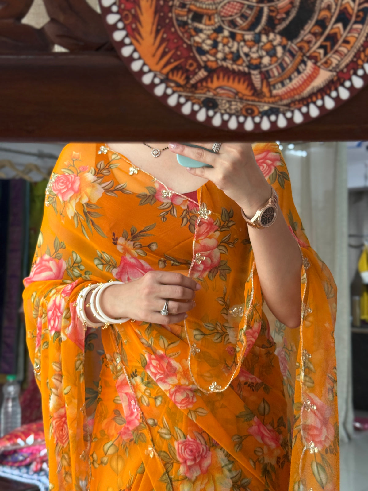 Mustard Yellow |Pure Georgette Digital Printed Saree| Handwork cutdana detailing| Without blouse