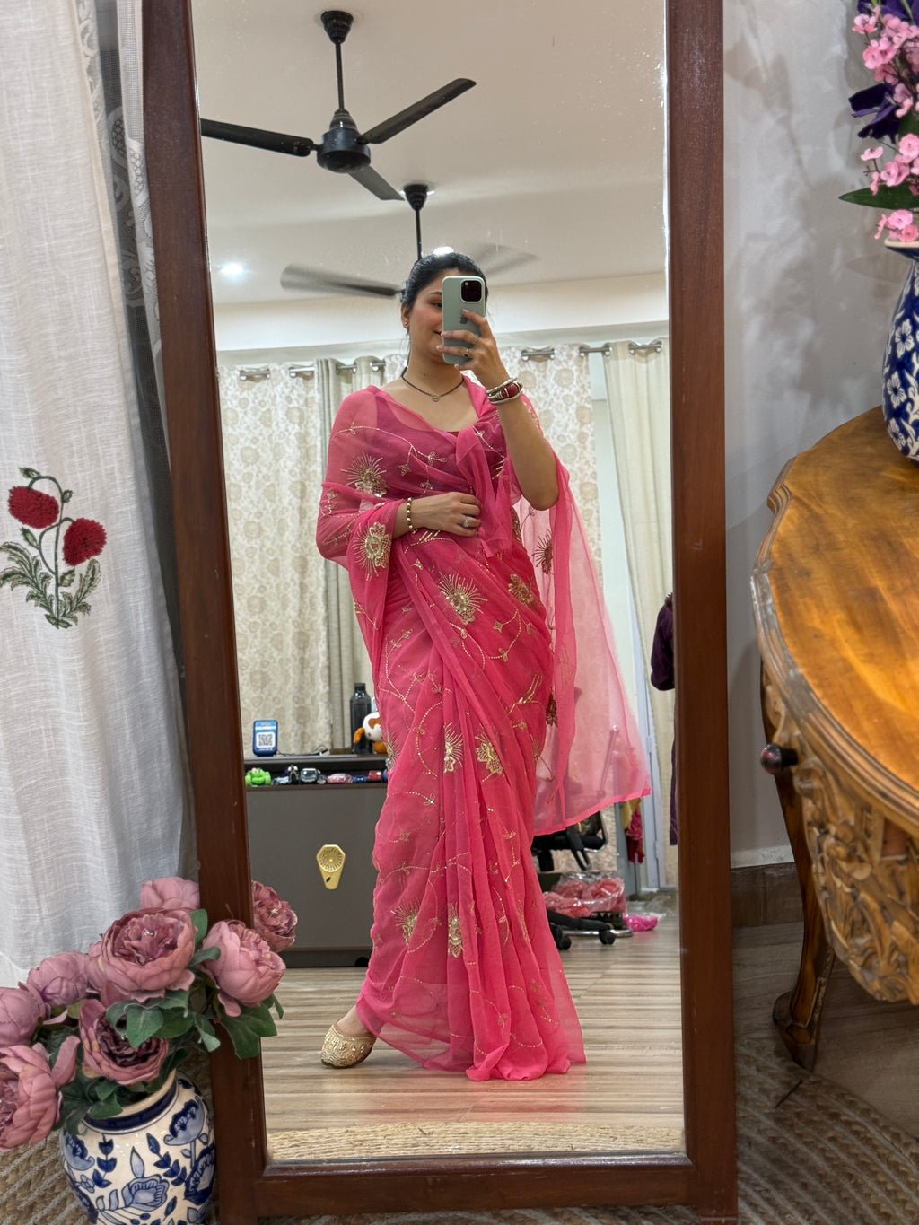 Pretty Pink Zari Embroidered| Georgette Sarees| Without Blouse