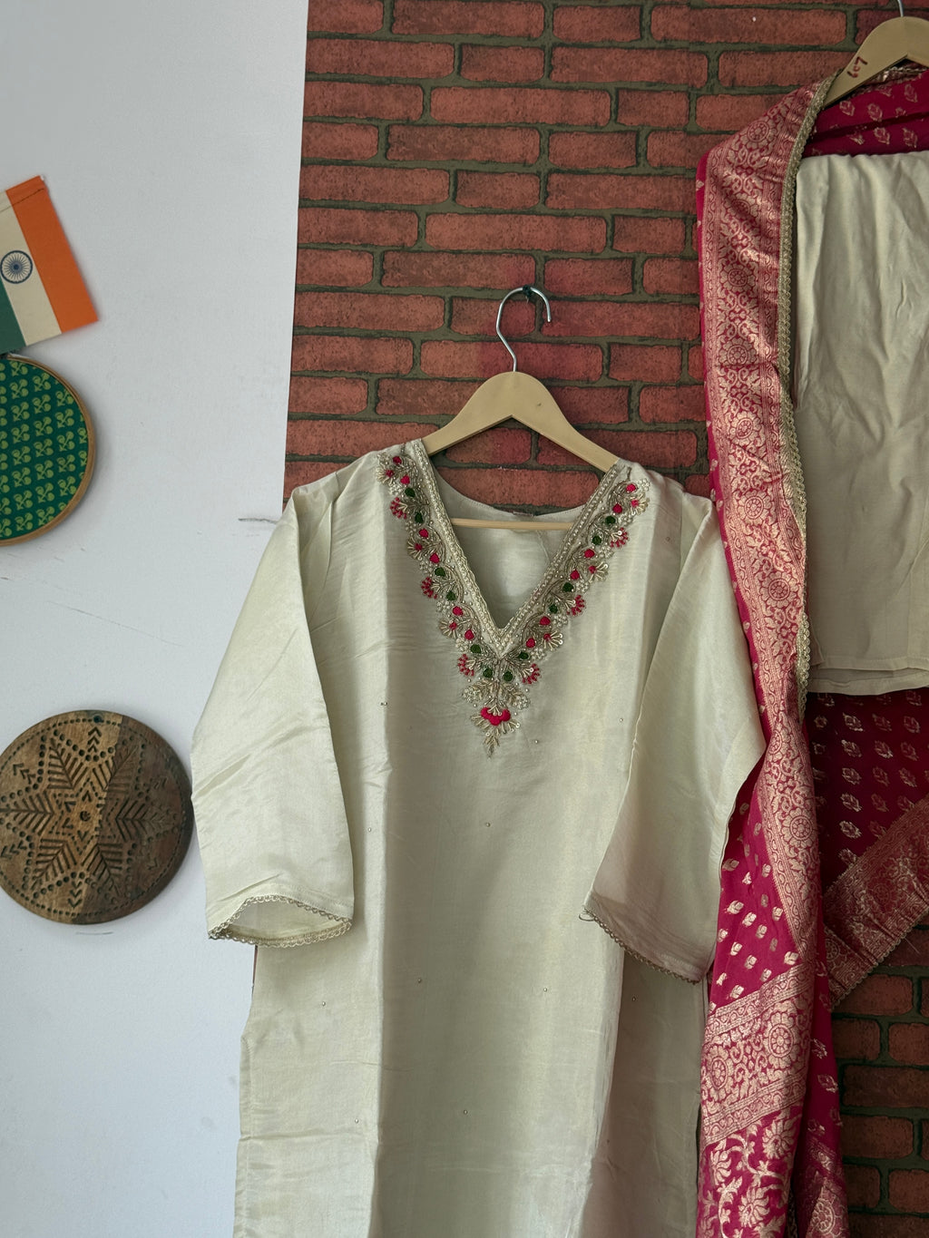 Pink & Creme Tissue Shimmer Suit |With lining| Embroidered| Silk