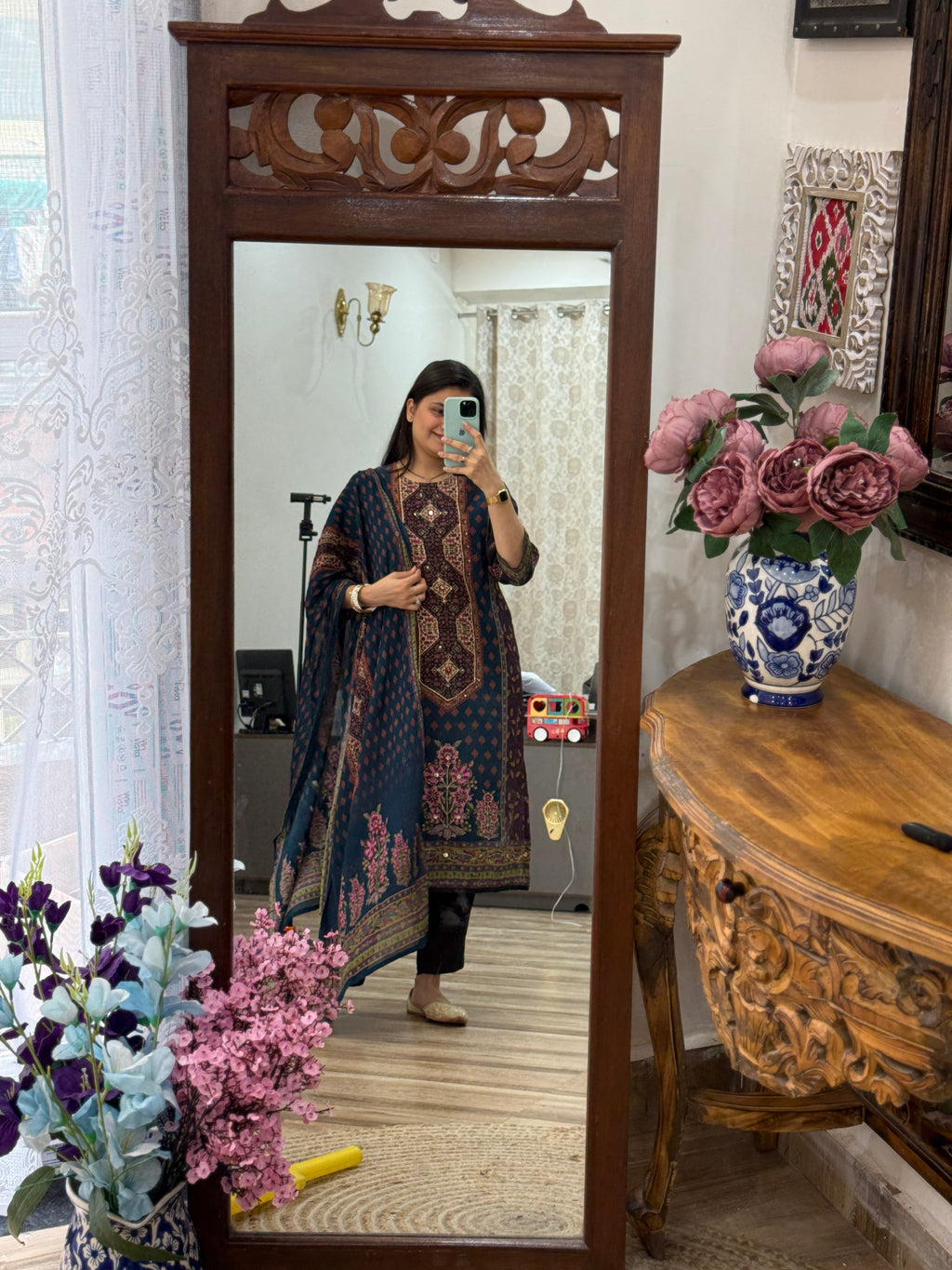 Designer Blue floral Suit Set with Hand Embroidery | Cotton Lining| BeautifulDuppata | Muslin