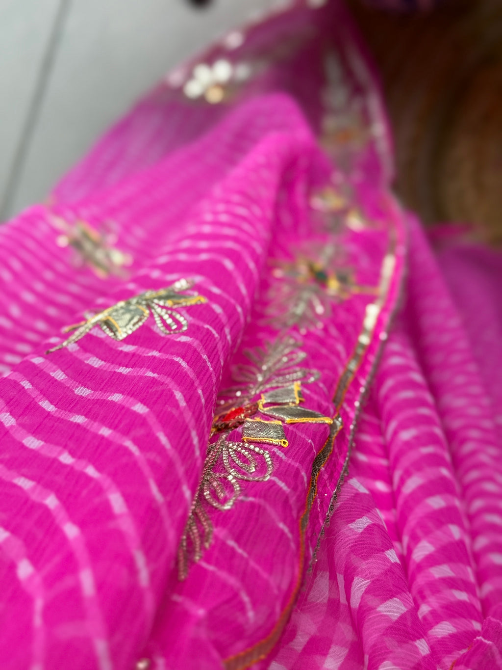 Pink Leheriya|Kaccha Gota work| With blouse| Chiffon