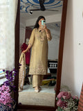 Golden Bliss Suit Set with Hand Embroidered| Cotton Lining in top and bottom| Duppata with embroidery | Pure Chinon
