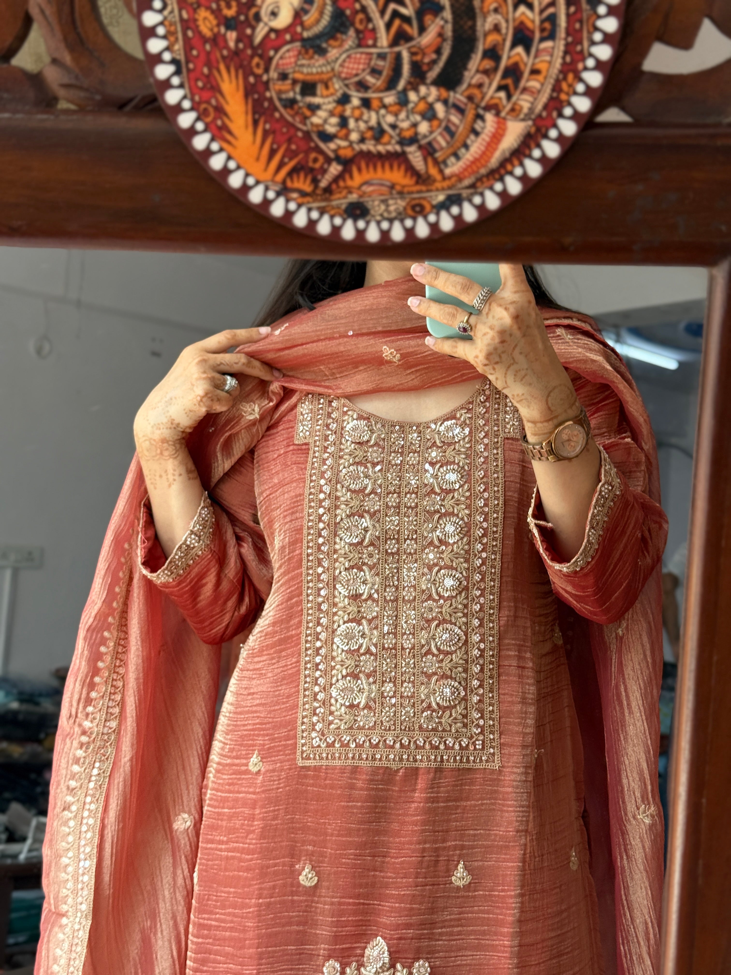 Peachy Orange Crushed tissue Suit Set |Cotton lining | Hand Embroidered |Heavy Duppatta