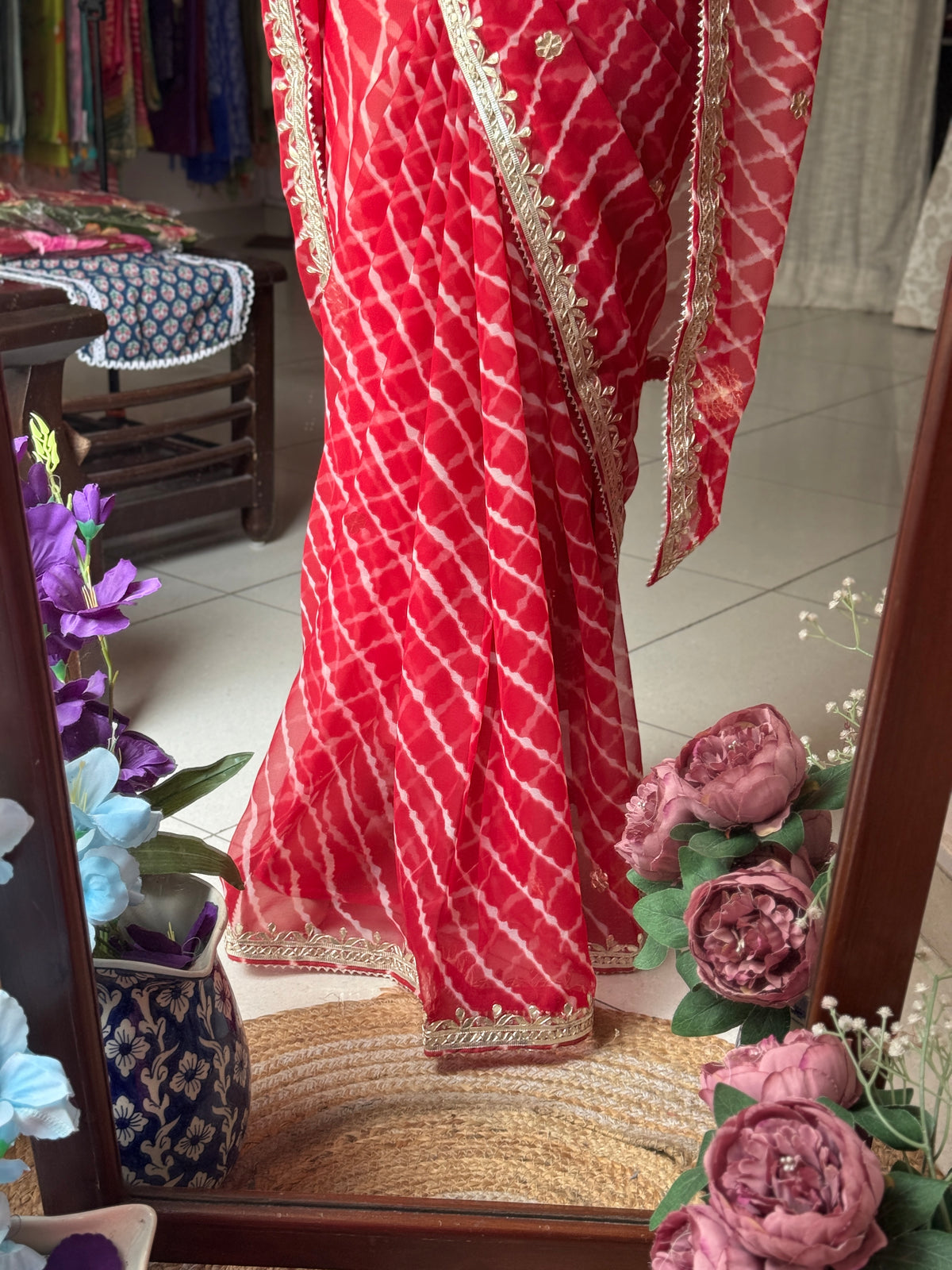 Red Chiffon Leheriya Saree|  Handwork Gota patti work| With blouse