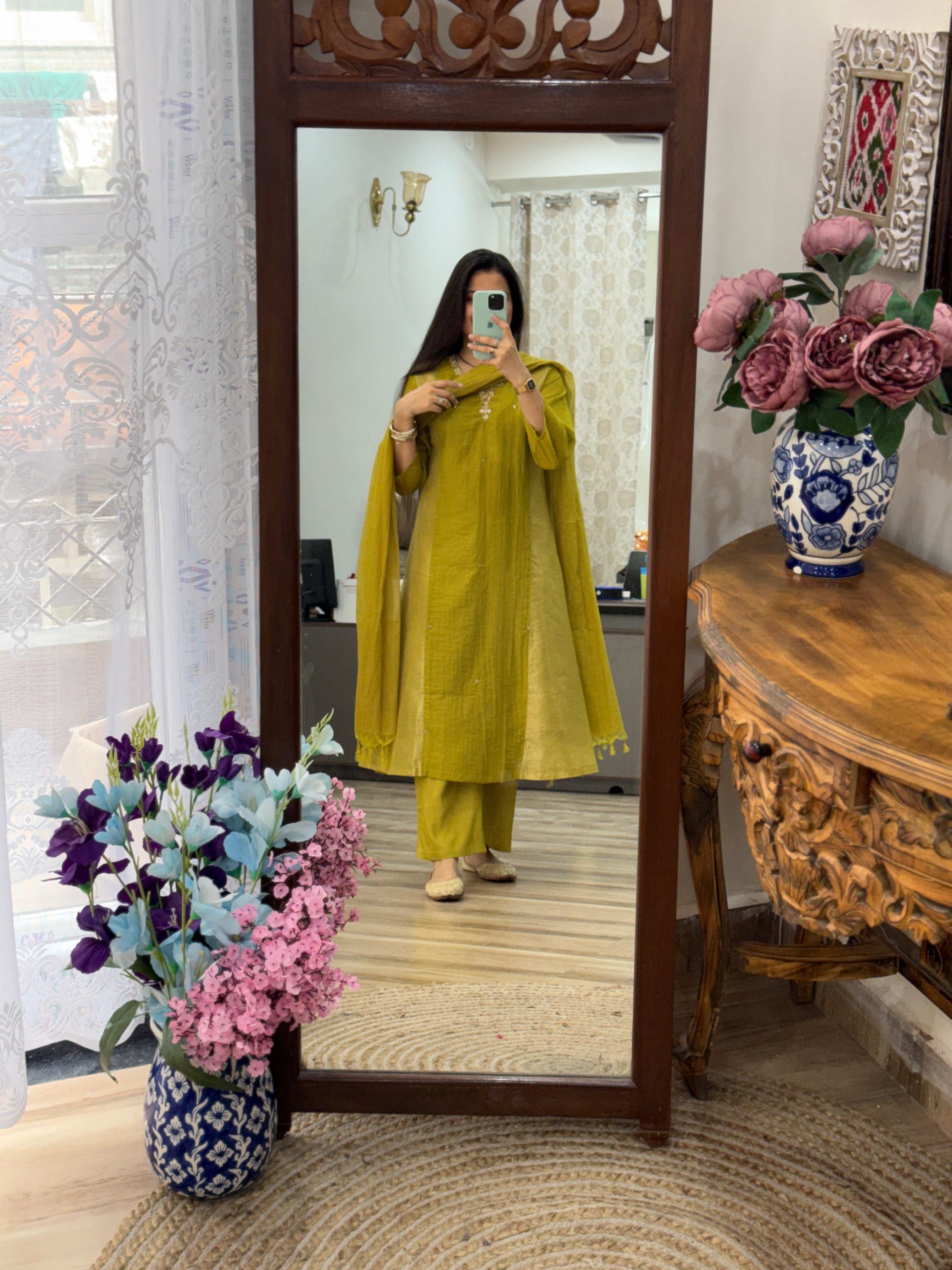 Mehendi Green Mul Chanderi Suit | Handloom Zari Beauty | Cotton lining| With Duppata|Classy & Elegant Suit Set