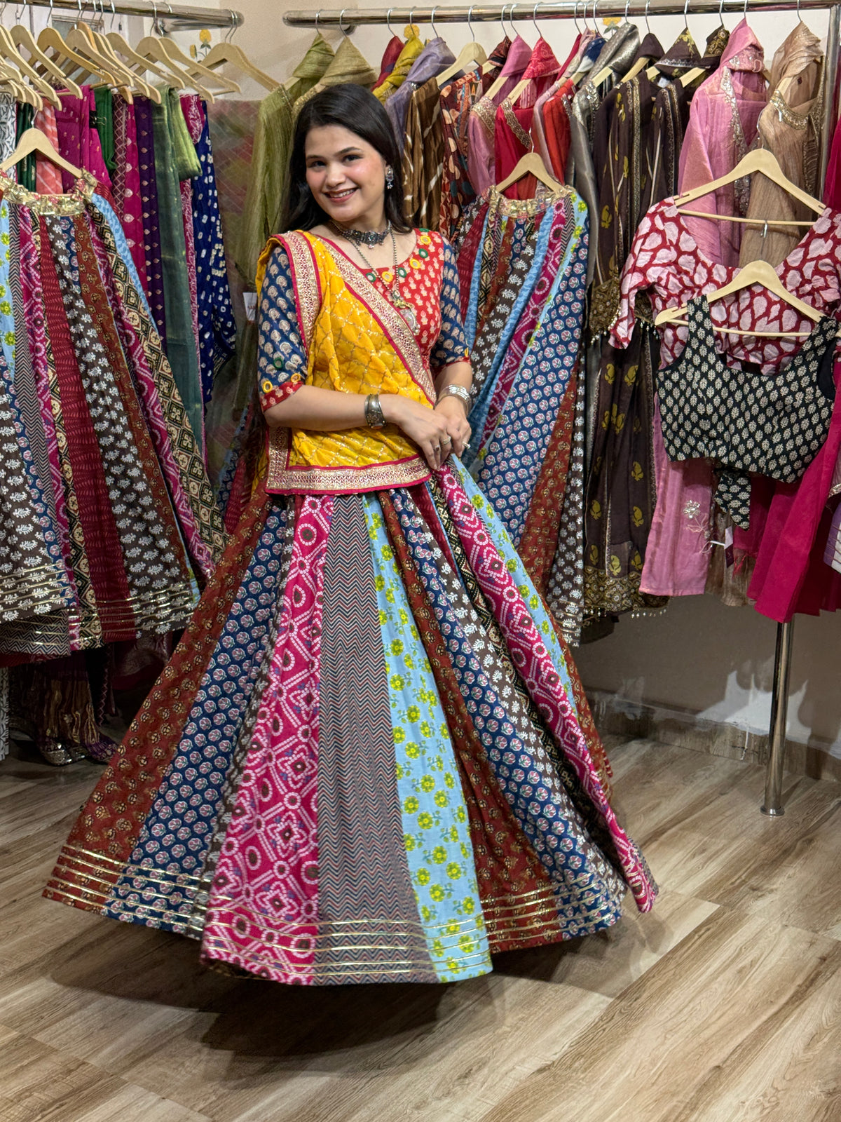 Garba Skirt| Cotton Block Printed Fabric| With inner| Gota pattiwork | 9-10 meters flair
