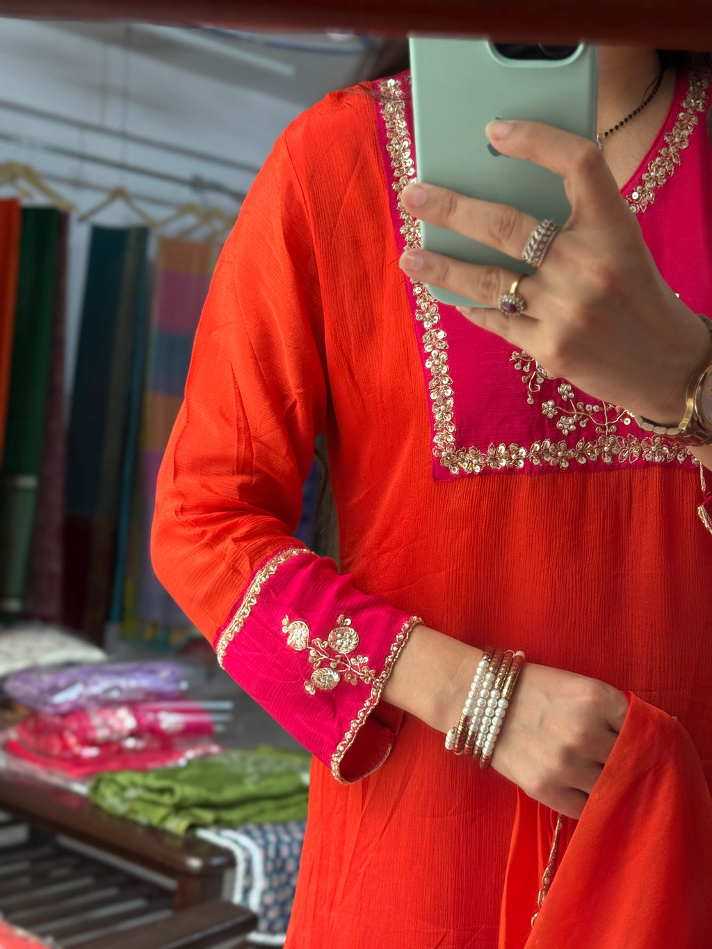 Pink Orange Chinon Suit Set with Hand Embroidered Neckline & Designer sleeves and bottom with dual tone Duppata with lacework