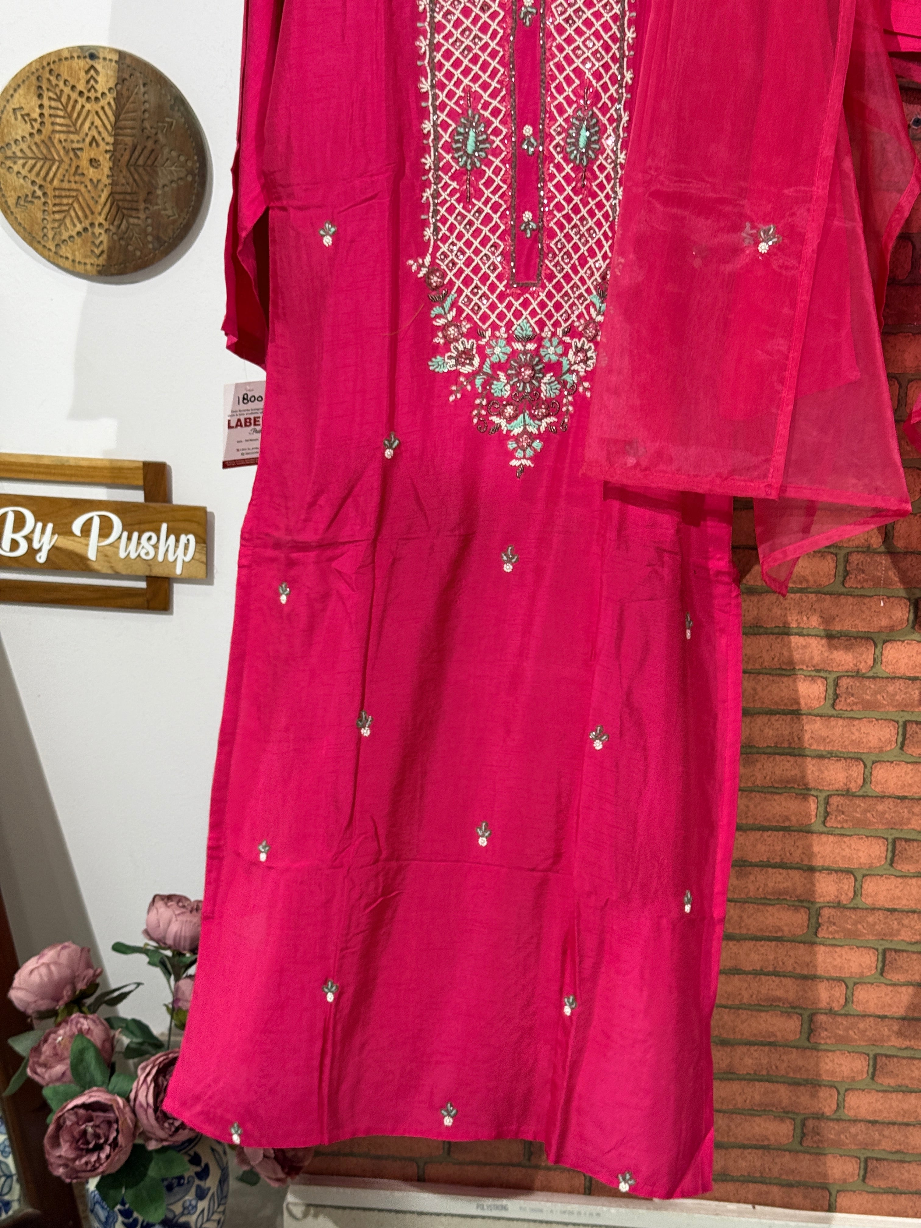 Pink Dola Silk Set| Hand embroidery| with lining | Suit set