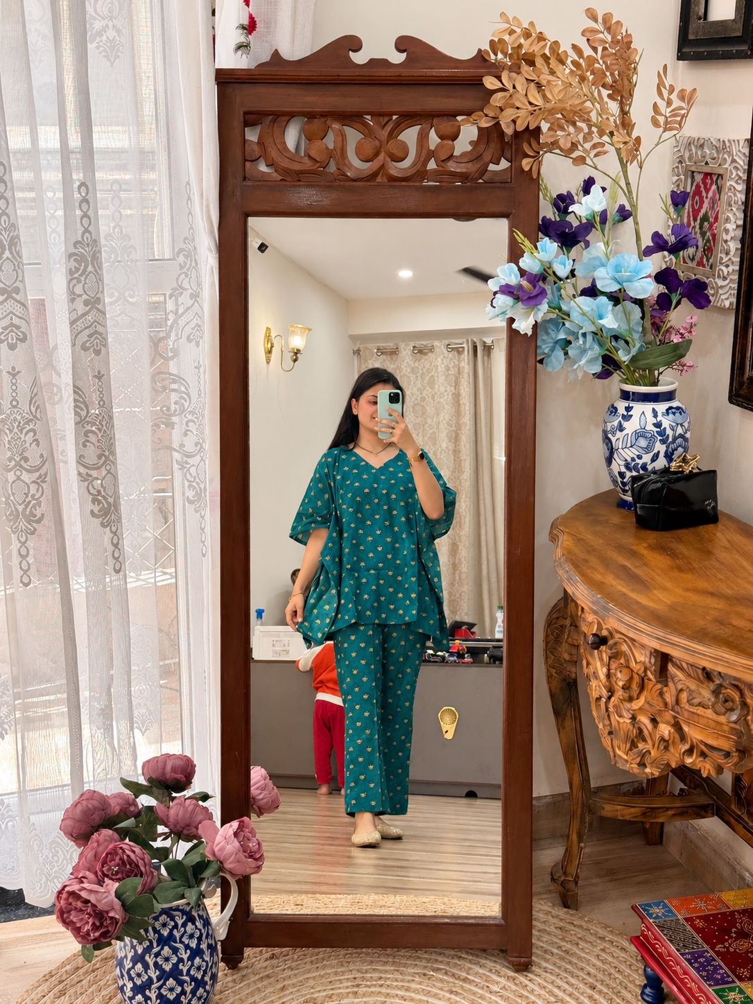 Pure Cotton Rama Green Handblock Printed| kaftan Sets| Bottom with pocket