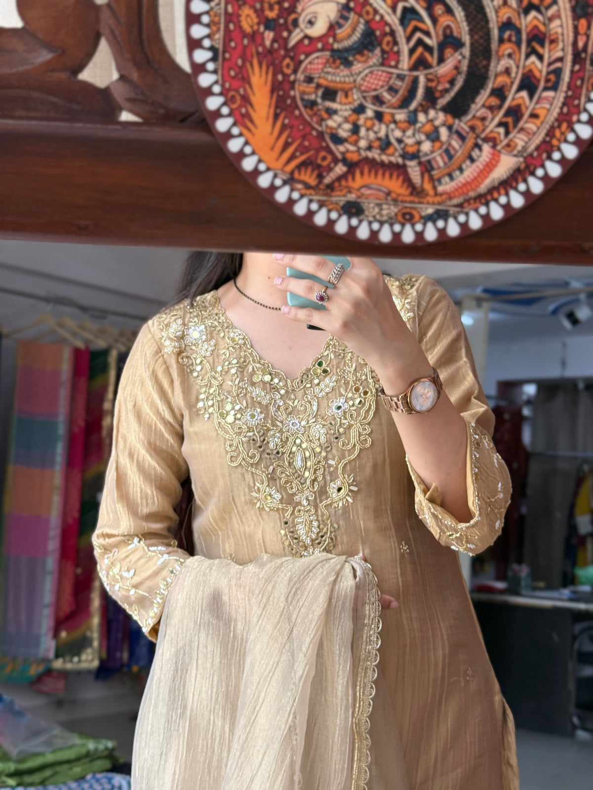Golden Bliss Crushed Tissue Suit Set with Hand Embroidered Neckline & Designer sleeves and bottom with Duppata with lacework| within lining
