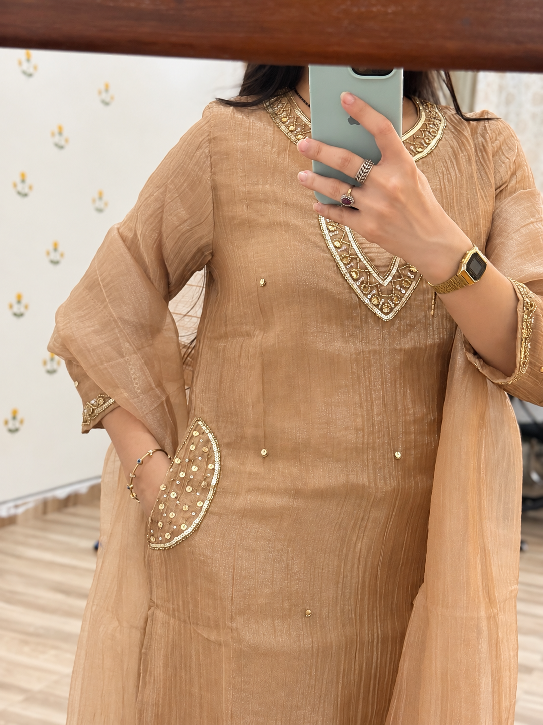 Partywear Crushed Tissue| Golden Hand embroidered Suit | with pockets| with Lining