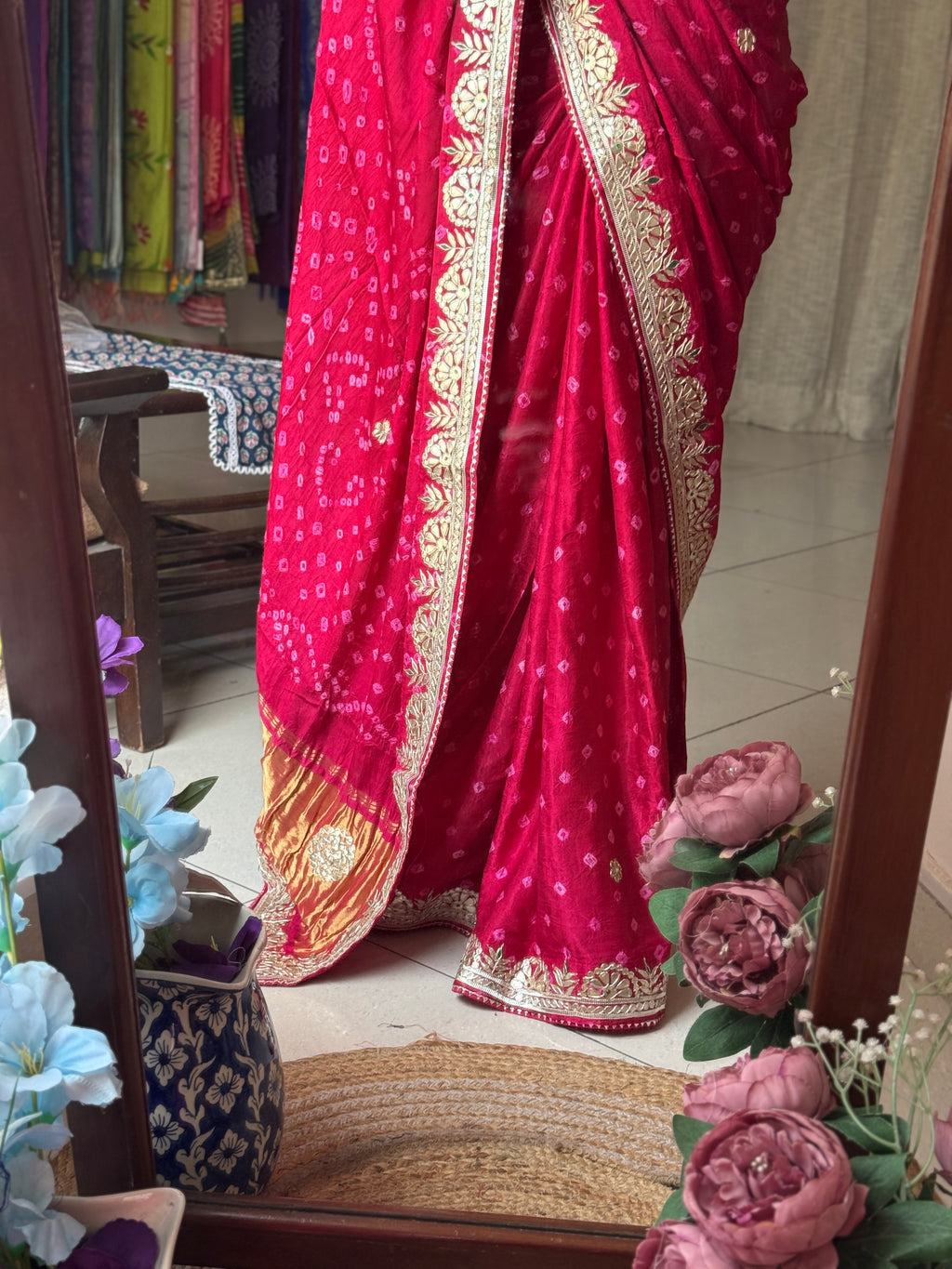 Pink Pure Gaji Silk Bandhani Saree with Gotta Patti Handwork|Without  blouse | Premium Handwork Saree