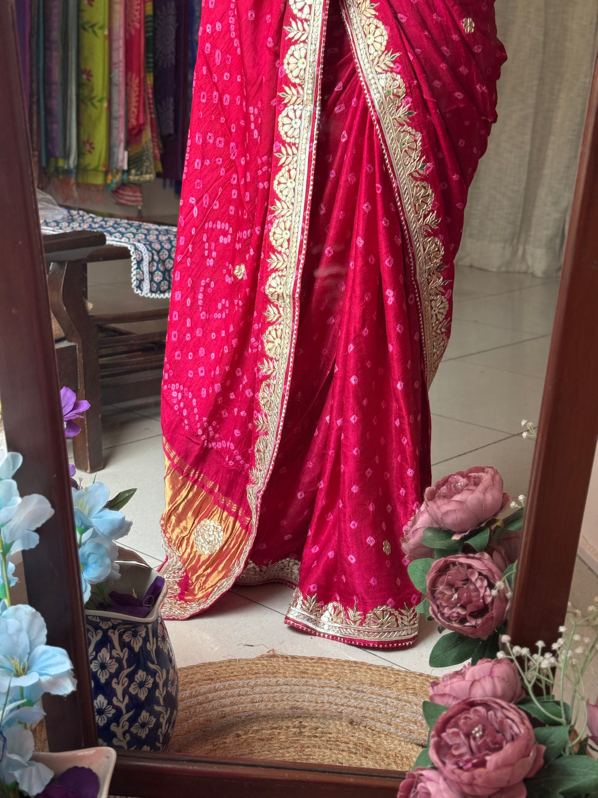 Pink Pure Gaji Silk Bandhani Saree with Gotta Patti Handwork|Without  blouse | Premium Handwork Saree