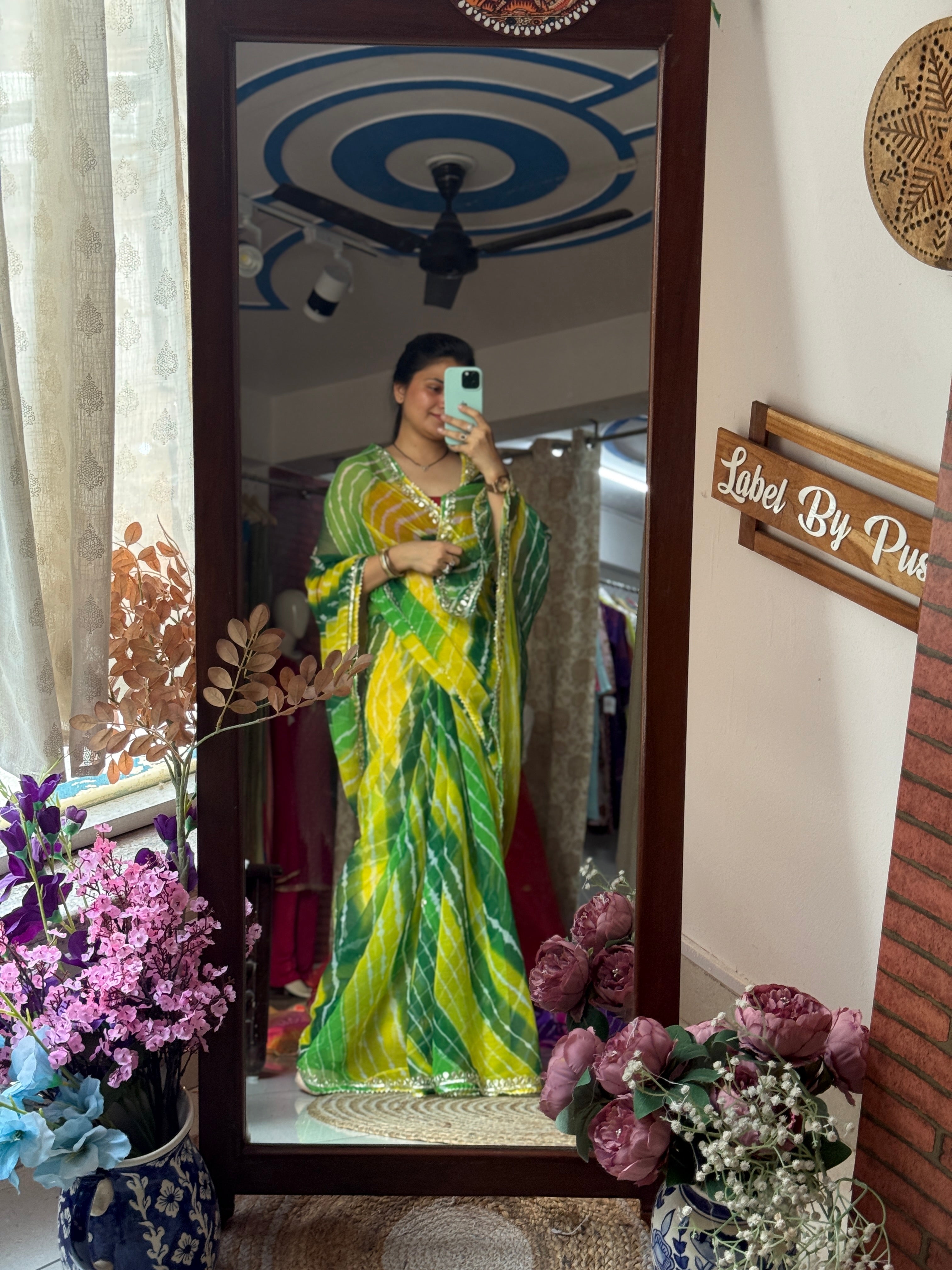 Dual Green Chiffon Leheriya Saree|  Handwork Gota patti work| With blouse