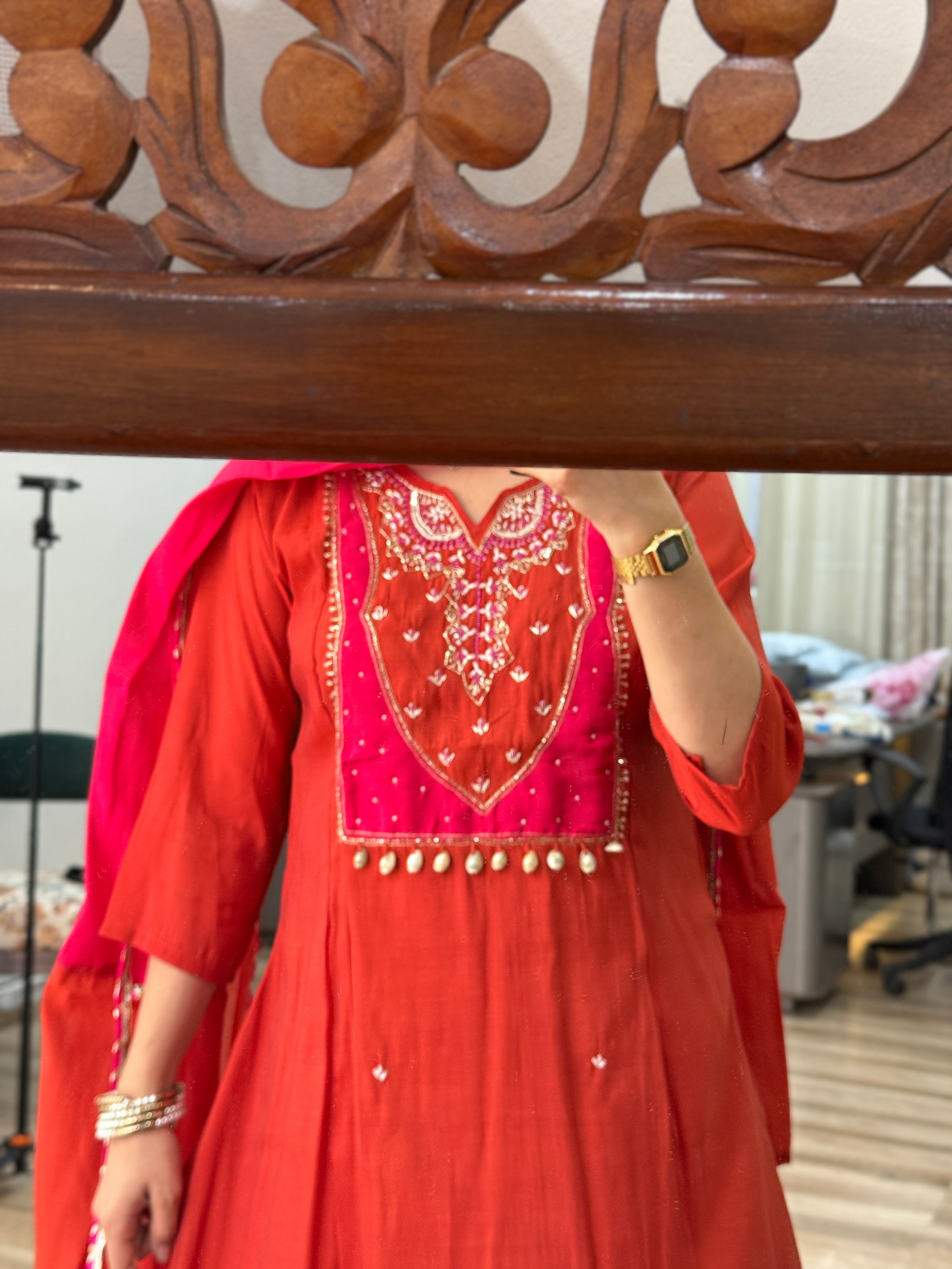 Viral Pink Orange suit | With cotton lining| Embroidered| Dual tone Duppata| Cotton Silk