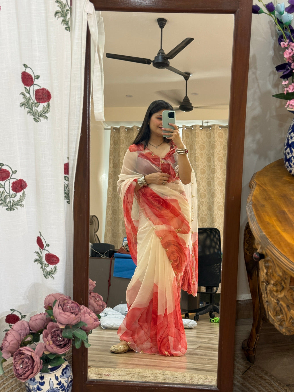 Floral Pure Georgette Handblock Digital Printed Saree| Handwork cutdana detailing| Without blouse