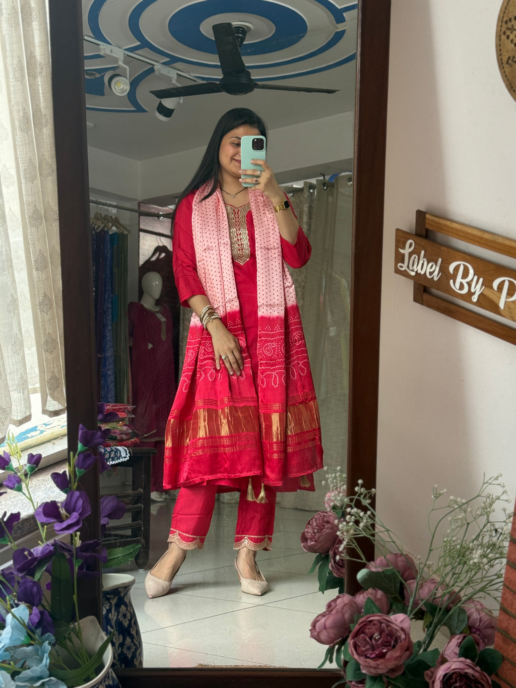 Gajji Silk bandhani Suit Set for Women | Embroidered neckline | Cotton lining| Bandhani Dupatta with lugdi patta