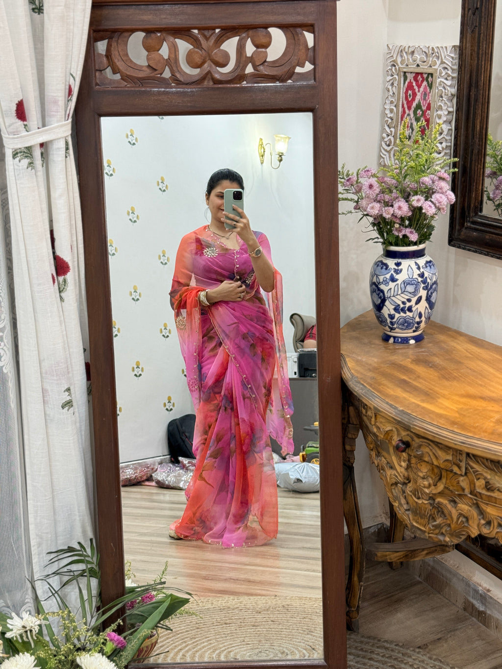 Pink Multicolour  |Pure Georgette Digital Printed Saree| Handwork cutdana detailing| Without blouse