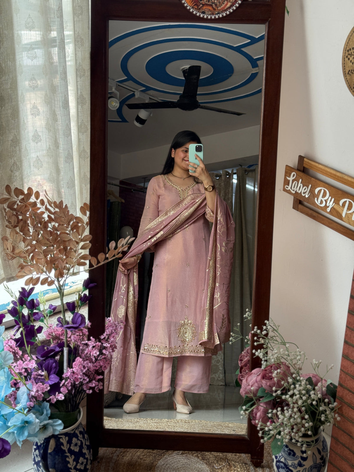 Hand Embroidered Tissue Shimmer Suit| Designer sleeves, bottom with Pure Duppata lacework| within lining