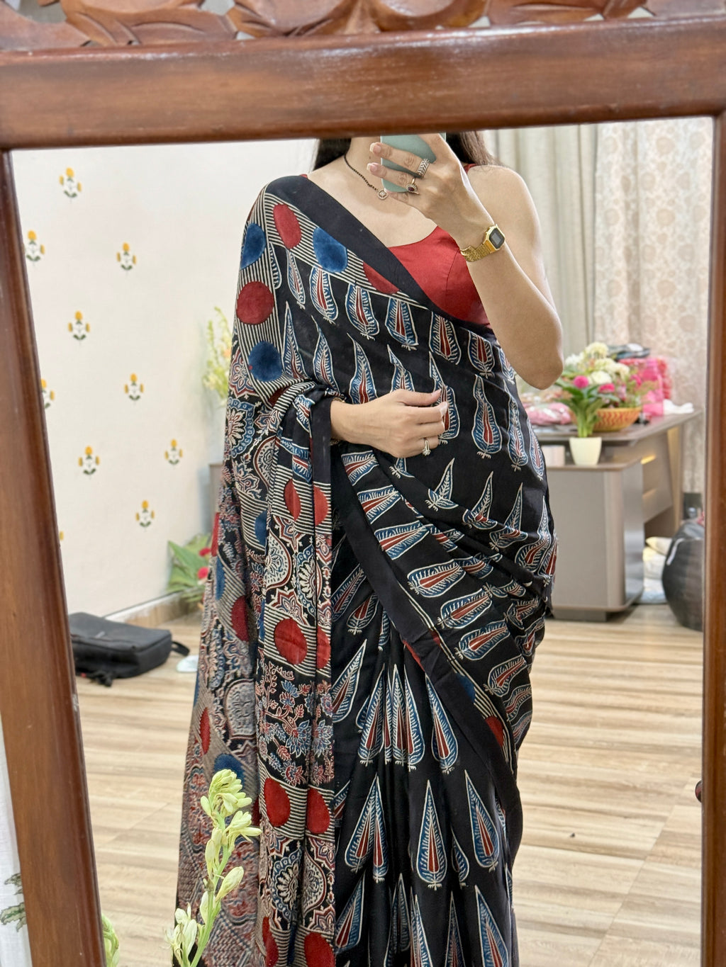 Madhuri Premium Black Modal Silk Ajrakh Print Saree with Blouse Piece