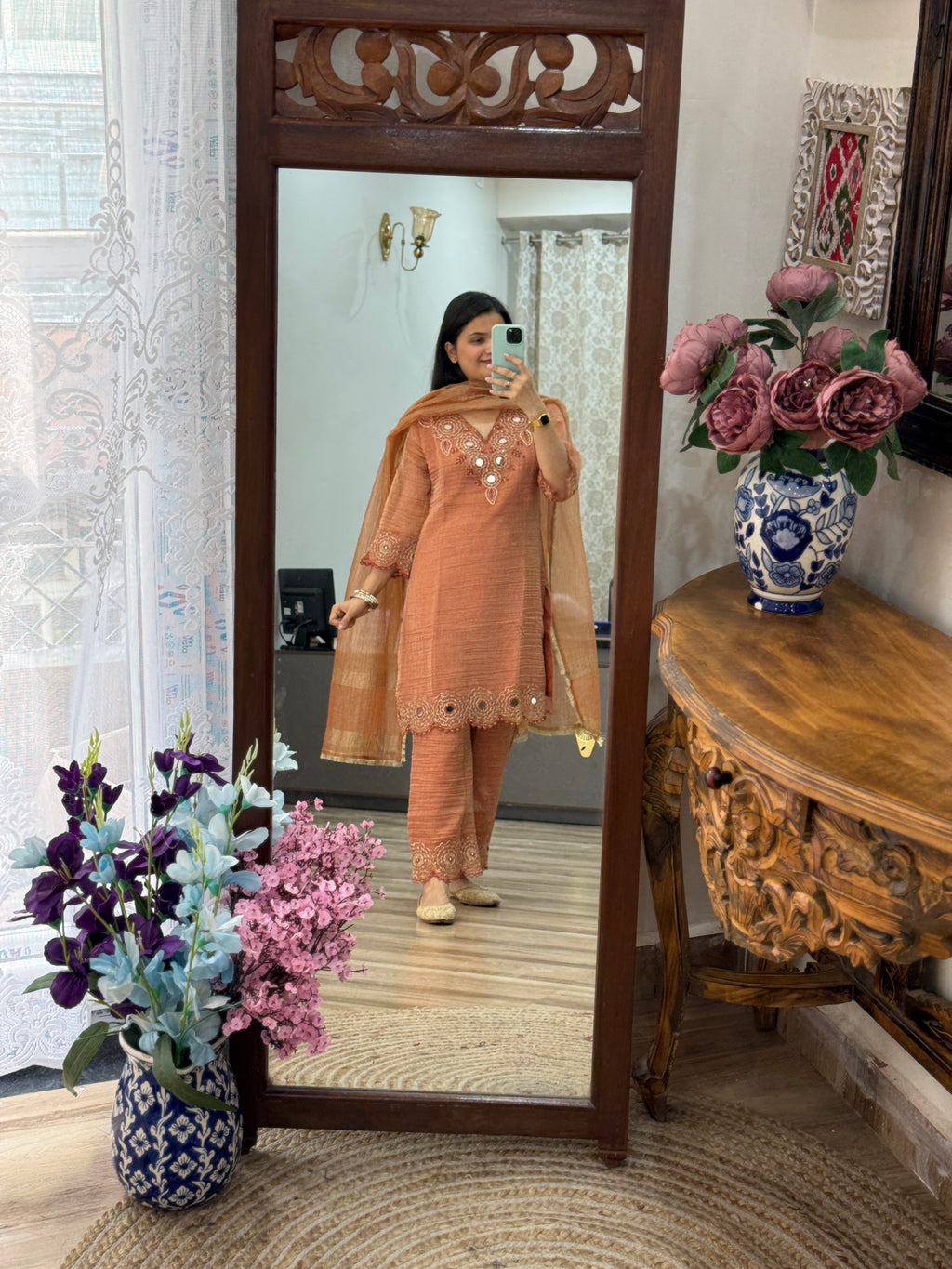 Orange Crushed Tissue Suit Set| Hand Embroidered |With lining in top & bottom| Beautiful Duppata