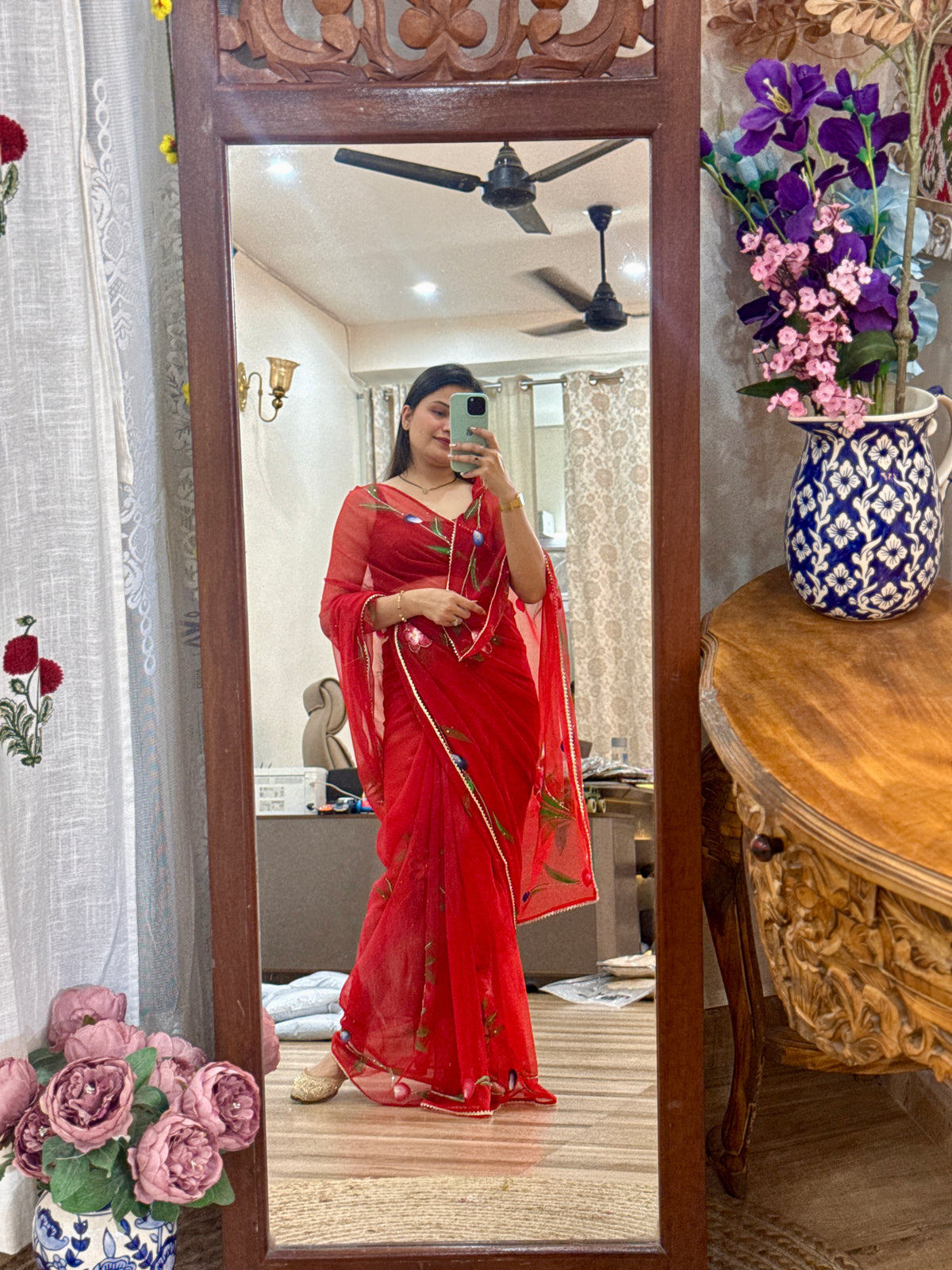 Red floral Handpainted |Pure Georgette Digital Printed Saree| Handwork cutdana detailing| Without blouse