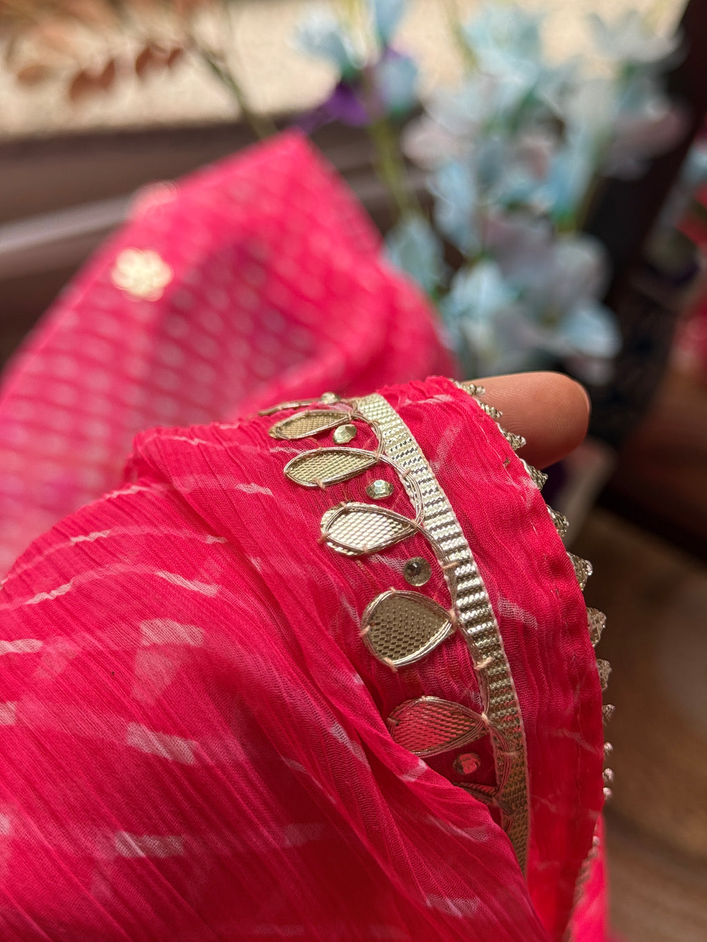 Peach Chiffon Leheriya Saree|  Handwork Gota patti work| With blouse