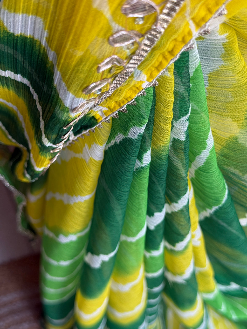 Dual Green Chiffon Leheriya Saree|  Handwork Gota patti work| With blouse