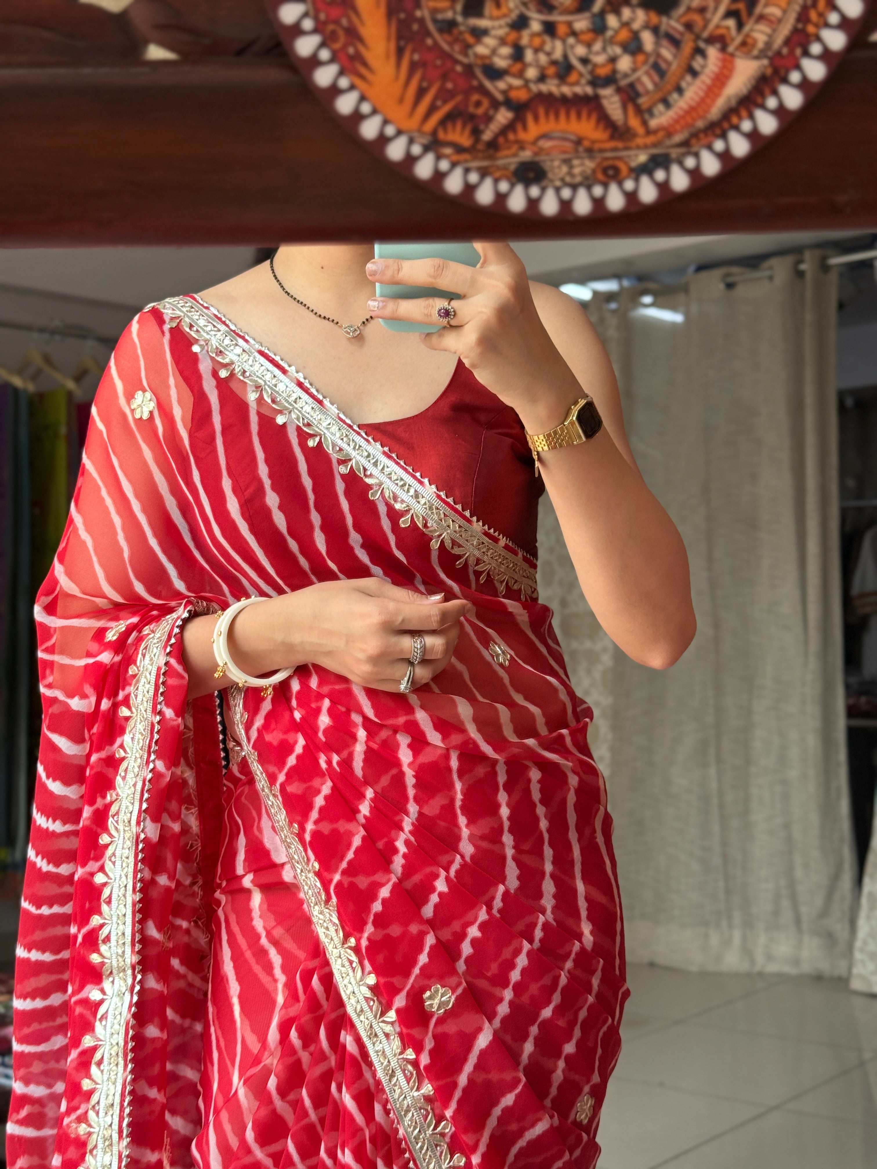 Red Chiffon Leheriya Saree|  Handwork Gota patti work| With blouse
