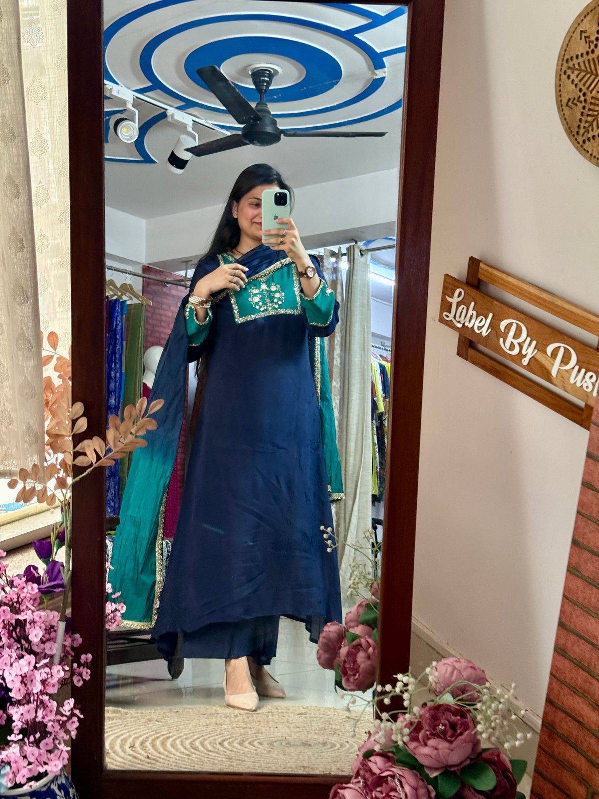 Blue Green Chinon Suit Set with Hand Embroidered Neckline & Designer sleeves and bottom with dual tone Duppata with lacework