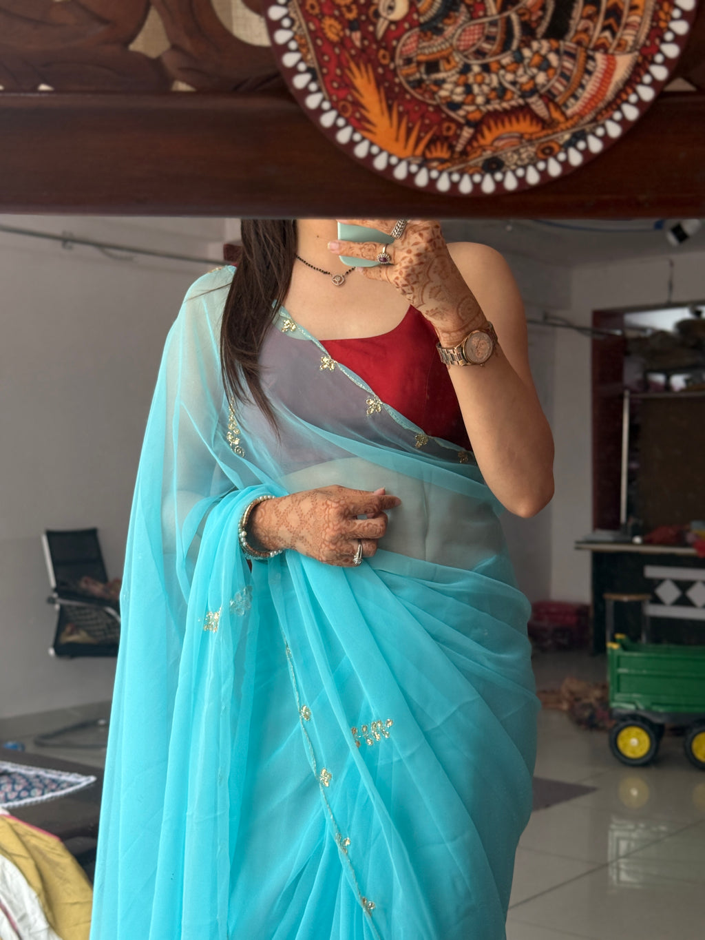 Sky blue Pure Georgette Saree| Handwork cutdana detailing| With blouse