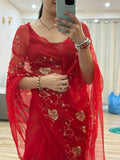 Red Zari Embroidered| Georgette Sarees| Without Blouse