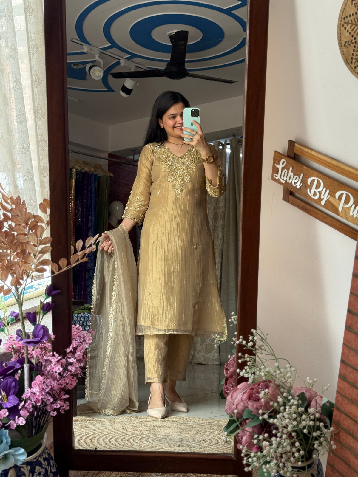 Golden Bliss Crushed Tissue Suit Set with Hand Embroidered Neckline & Designer sleeves and bottom with Duppata with lacework| within lining