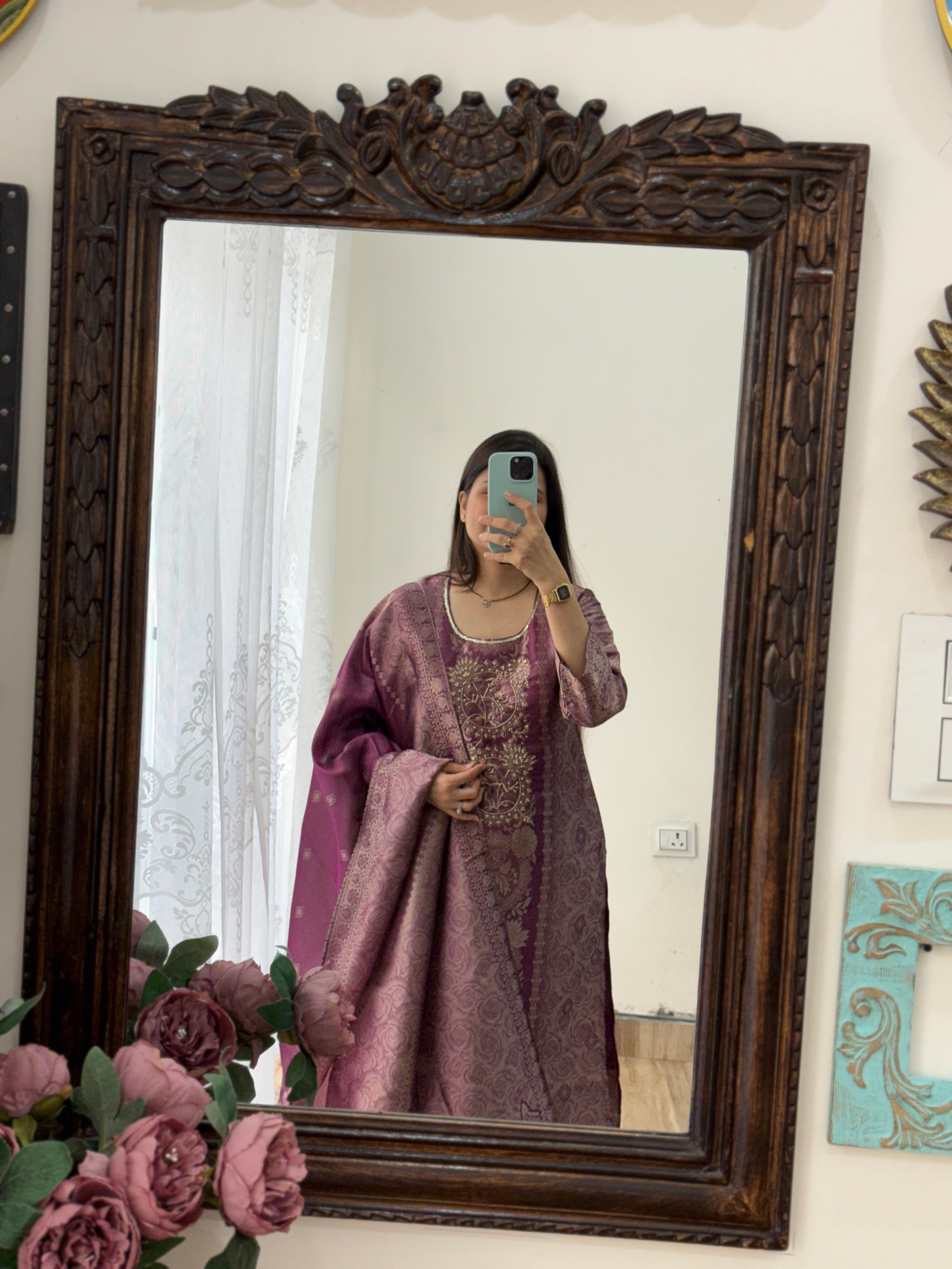 Wine Heavy Partywear Suit | Tissue Brocade suit | With cotton lining| Hand Embroidered| Designer Duppata