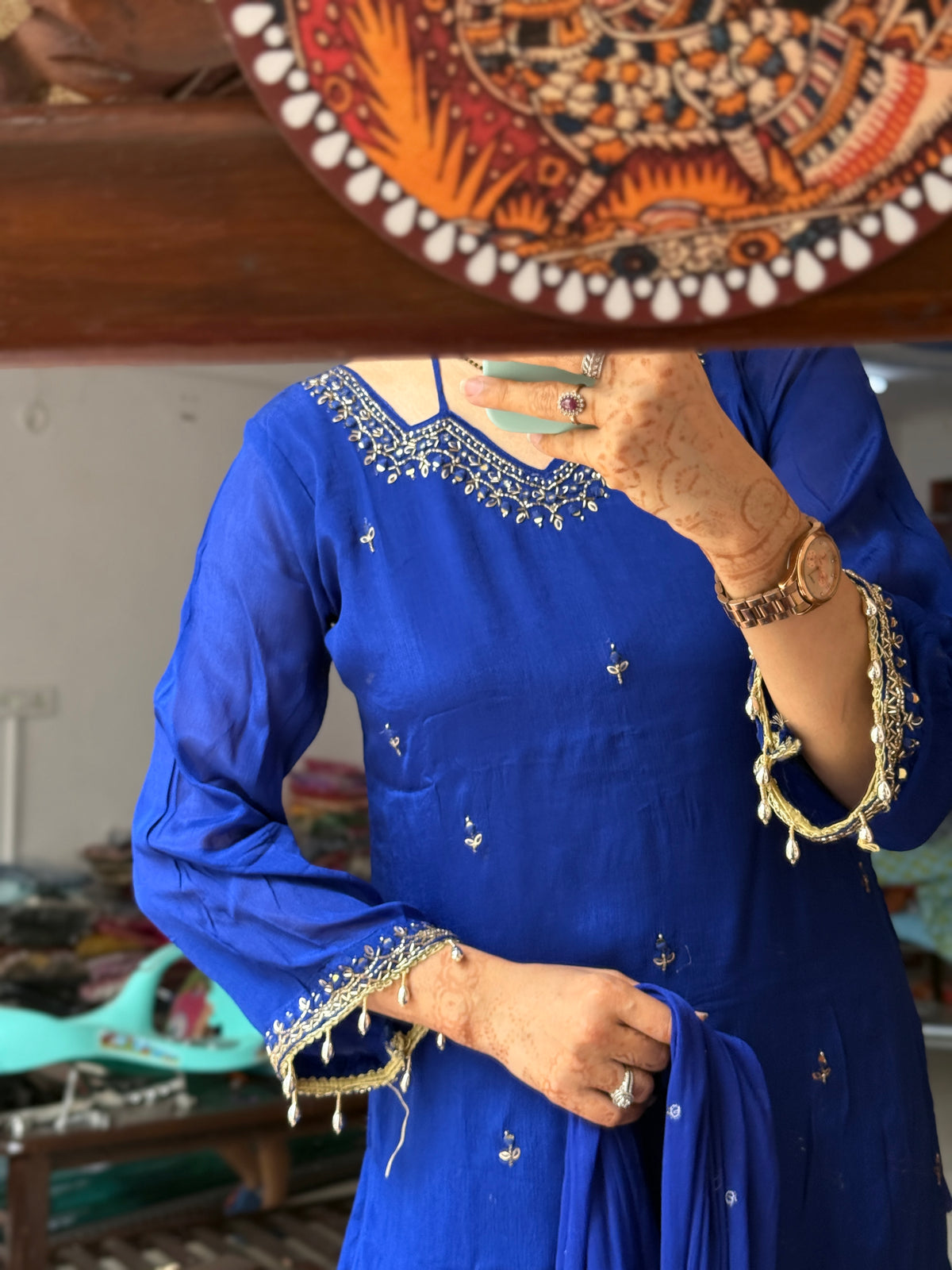 Blue Sharara Set| Chinon | lining in top + bottom | Hand Embroidered | Embroidered Duppata